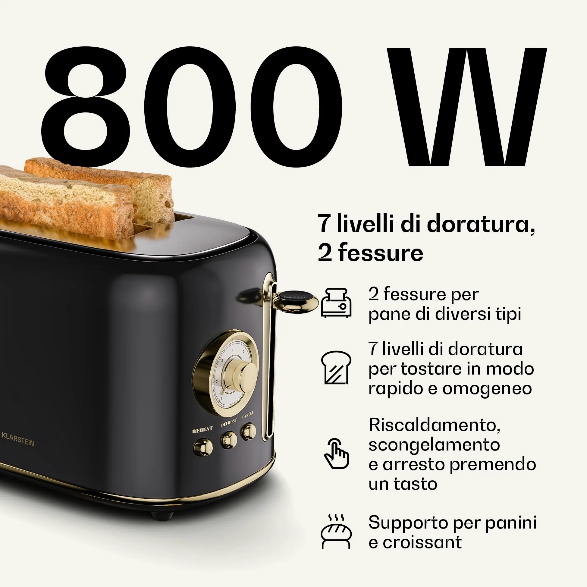 Klarstein Victoria Essential Set per la Colazione - Tostapane 2 Fette con 7 Livelli, Vassoio Raccogli Briciole, Supporto Panini, Bollitore Elettrico 1,7L con Filtro Anticalcare, Nero
