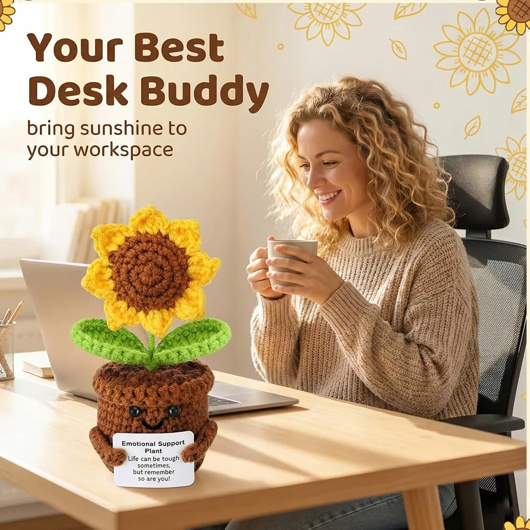 Positive Girasole Idea Regalo Compleanno- Creative Knitted Positive Girasole Doll- Gadget Scrivania Carino Portafortuna, Regali Originali per Laurea Collega Sorella Amica Ufficio