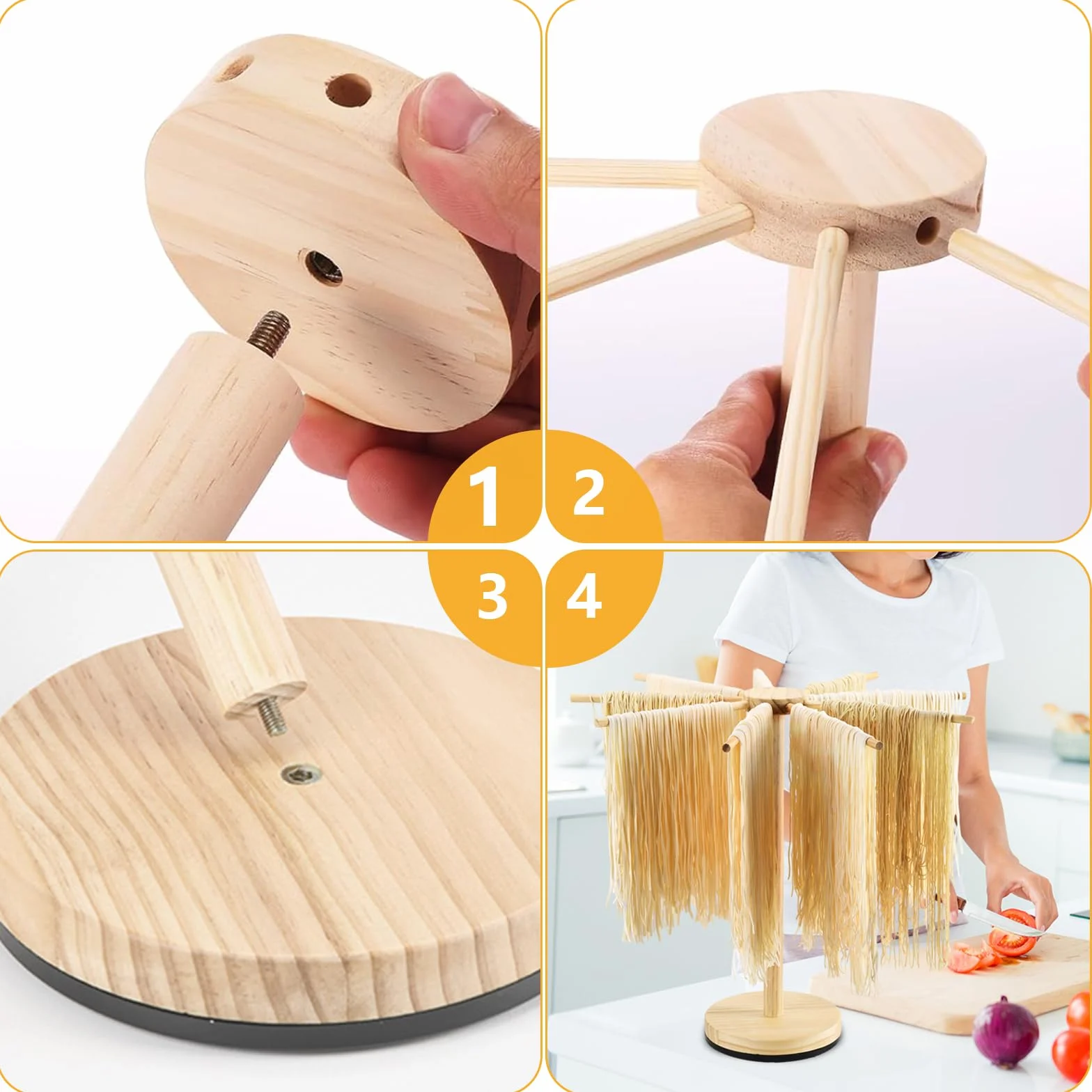 Asciugapasta in Legno con 9 Bracci Rimovibili e Base Girevole, Porta Fino a 4.5kg, Ideale per Pasta Fresca Italiana e Cinese