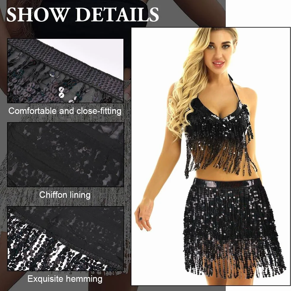 OFFCUP Falda de Danza del Vientre para Mujer, Falda Flecos Mujer Falda Carnaval, Falda con Borlas de Lentejuelas para, Vestido con Falda de Flecos Rave