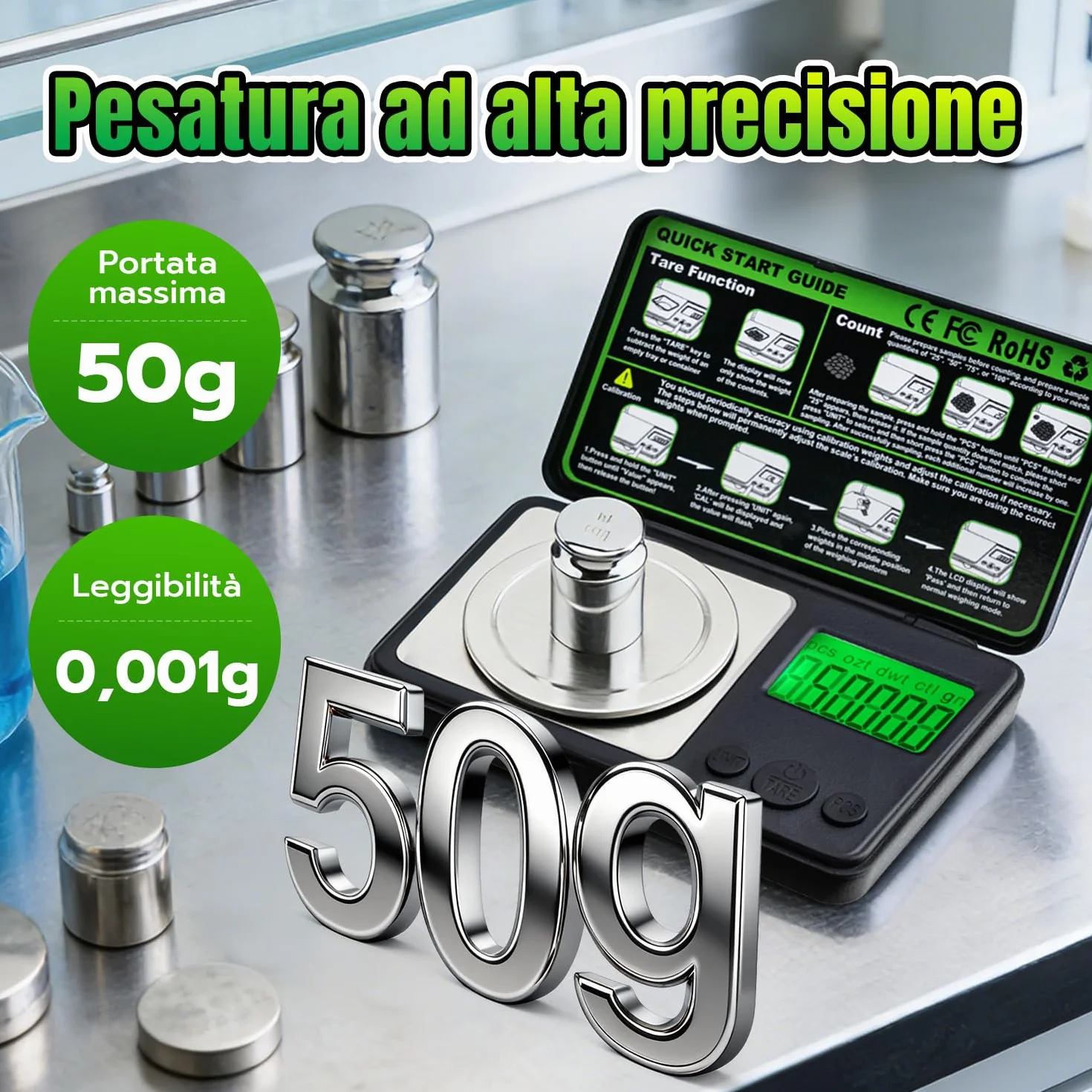 Bilancia ai Milligrammi 50g / 0,001g,Mini Bilancia Tascabile di Precisione con Display LCD,7 Unità,Funzione Tara e Peso di Calibrazione,Bilancino Digitale per Grammi,Oro,Gioielli e Laboratorio