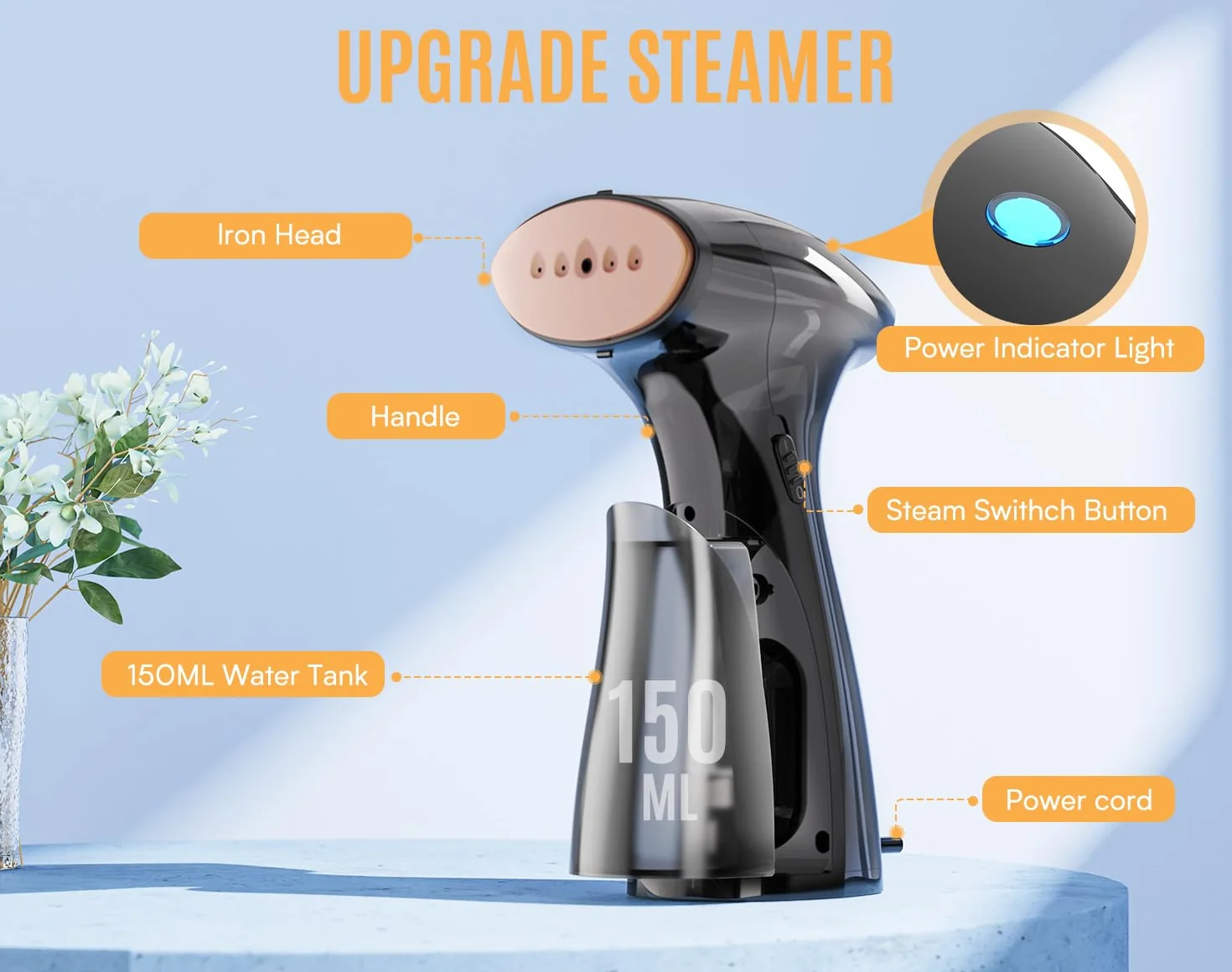 Ferro da Stiro Verticale 1600W, 30s Riscaldamento Rapido, 25g/min Vapore, Stiratore Verticale, 2 in 1 Ferro da Stiro a Vapore, Serbatoio Dell'acqua Estraibile da 150ml, Nero