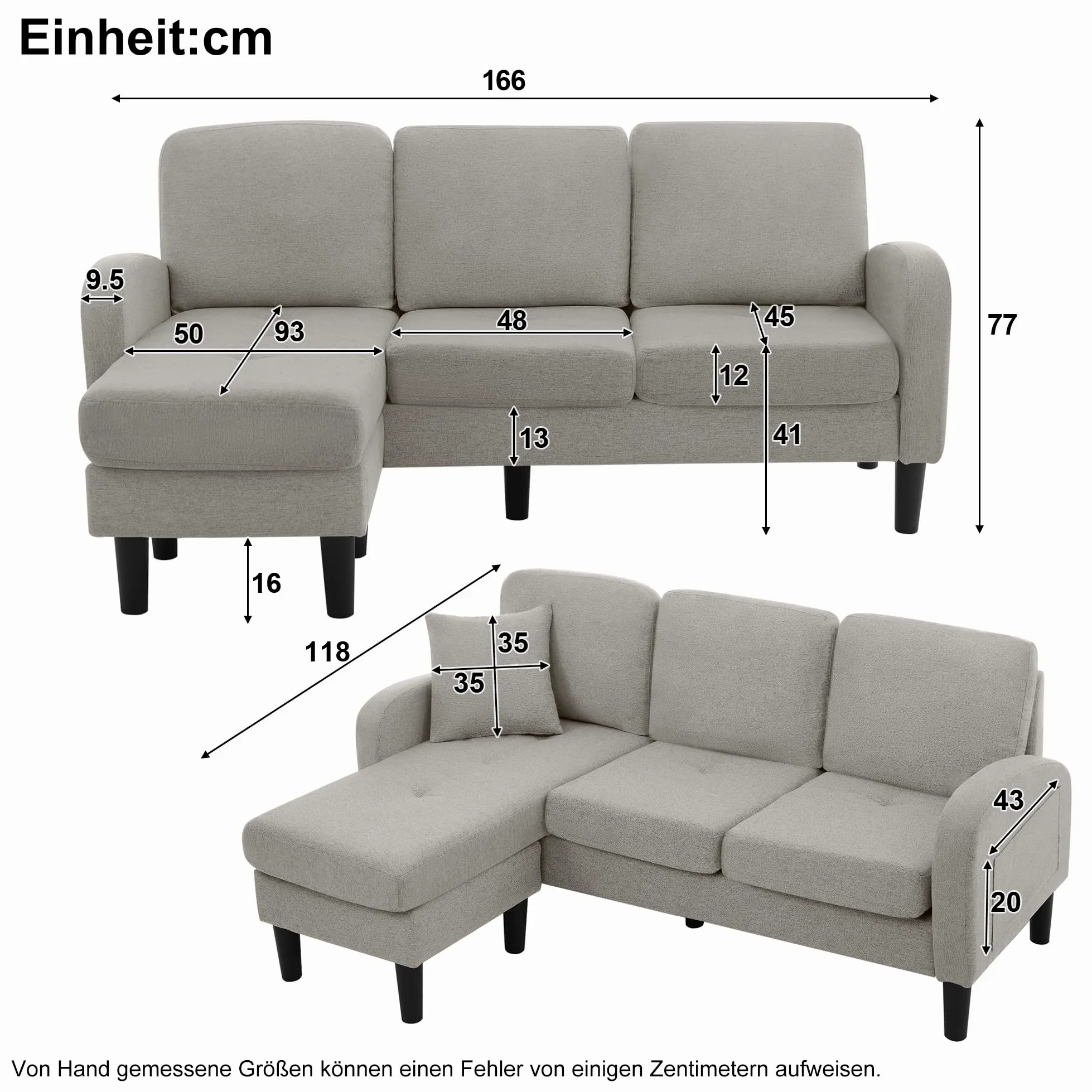TIZZ Divano angolare a forma di L con chaise longue - Divano a 3 posti, 166 x 118 x 77 cm, tessuto in lino di cotone traspirante, gambe in plastica, design modulare, ideale per soggiorno, appartamenti