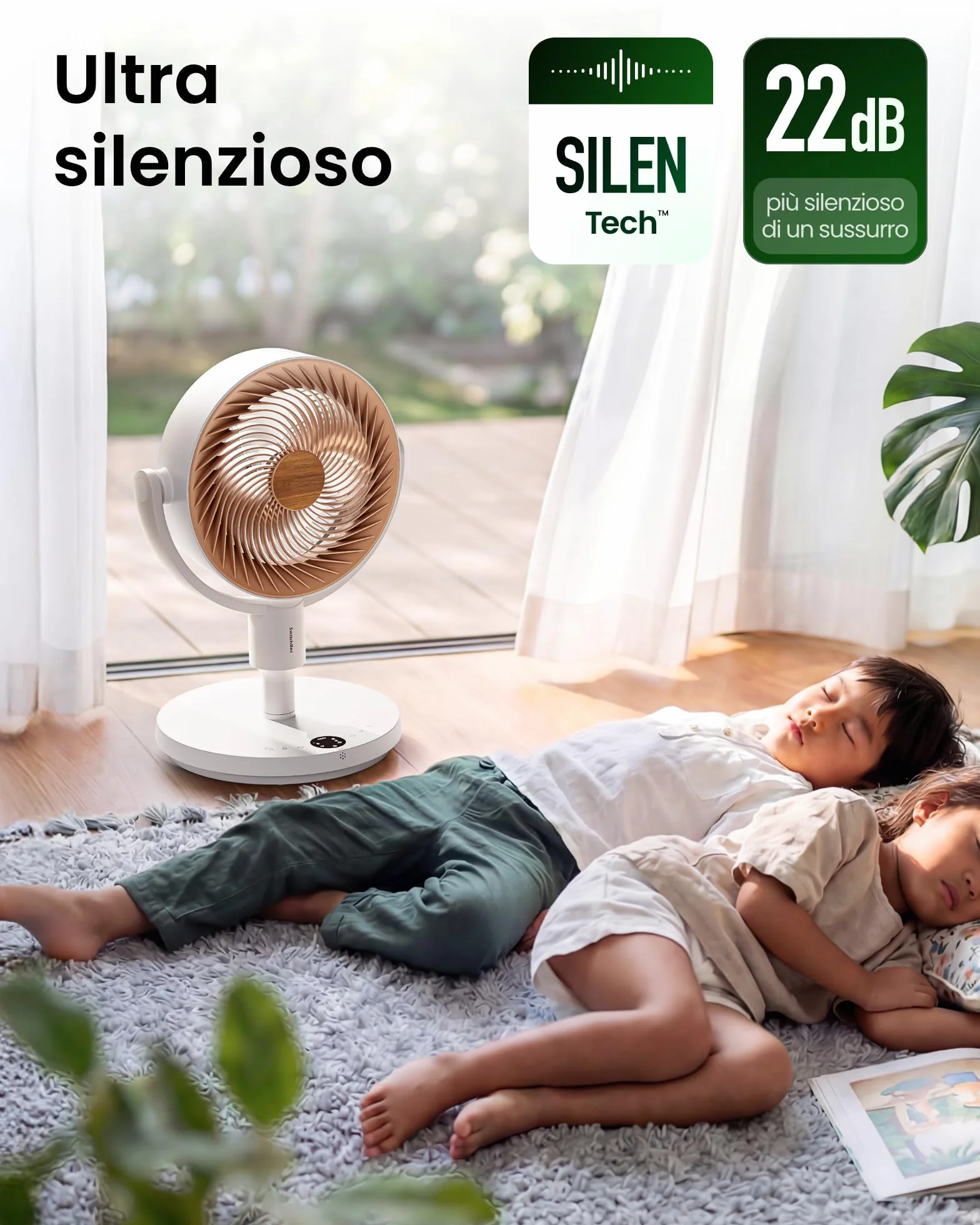 SwitchBot Ventilatore a circolazione d'aria a piantana RGB, silenzioso (22 dB) con telecomando, compatibile Matter via Hub, portata 9,15 m³/min, altezza regolabile, 4 modalità, 9 velocità, timer 9 ore