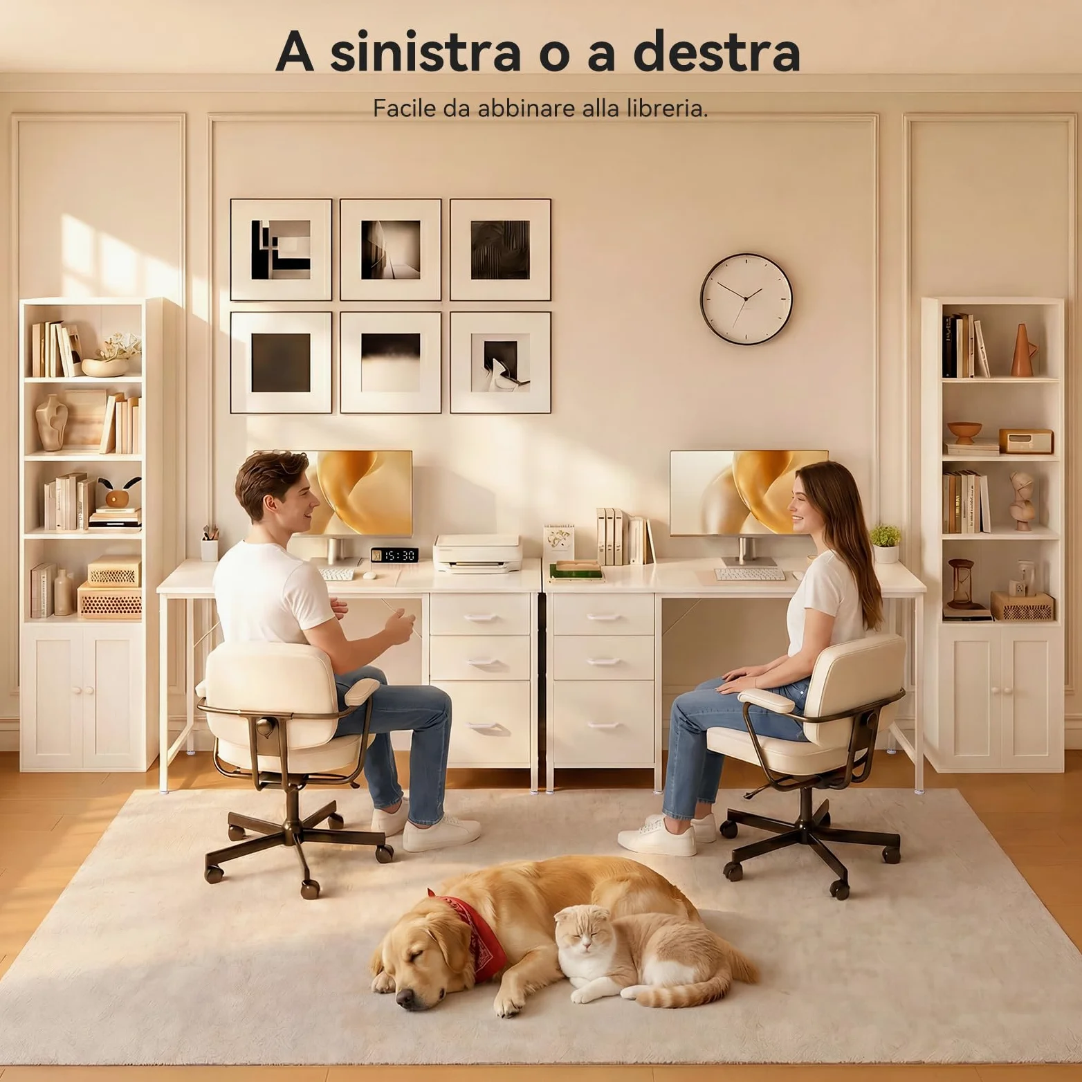 Coleshome Set Mobili Ufficio, Scrivania 120x48cm con 3 Cassetti e Portacuffie & Libreria a 6 Ripiani con Ante 176cm, Set Scrivania e Scaffale Salvaspazio per Casa e Studio, Bianco
