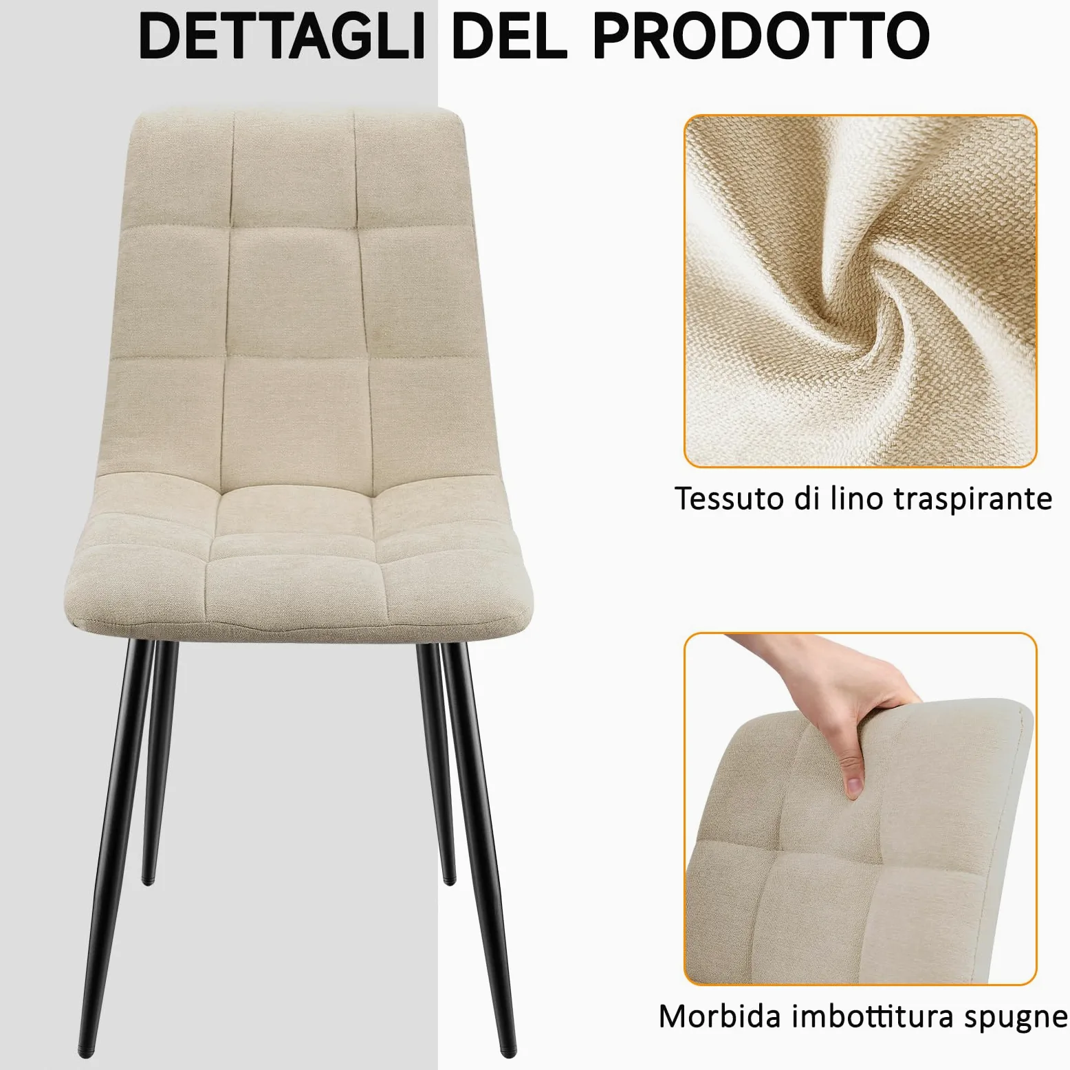 Set Di 4 Sedie Da Pranzo,Sedia Da Cucina Con Piedi In Metallo Nero,Sedie Imbottite Con Tessuto Di Lino,Sedia Da Camera Da Letto Salotto Soggiorno,Beige