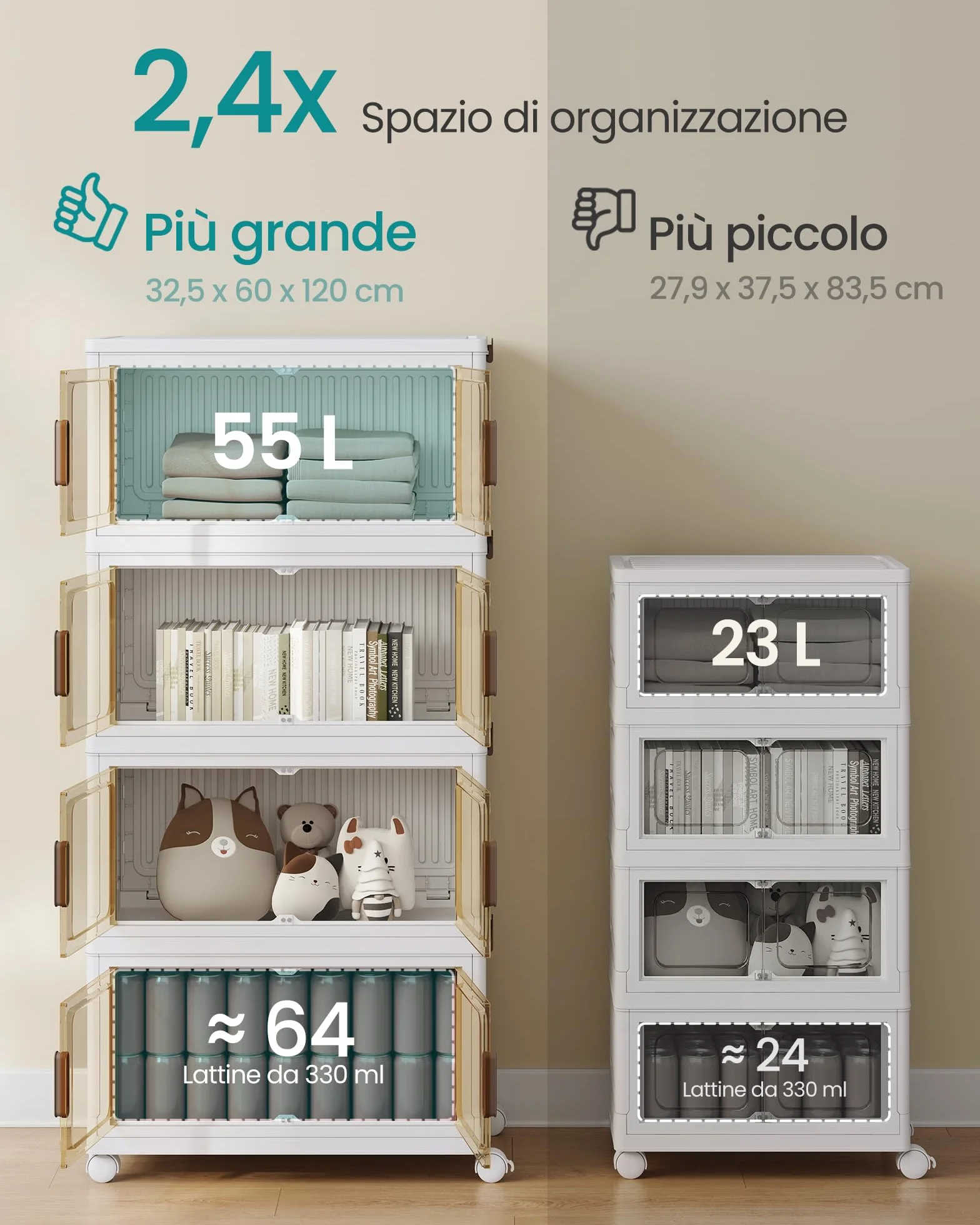 SONGMICS Contenitori 4 Livelli 55 L Organizer Armadio con Coperchio Scatole Plastica Impilabili con Ruote Sportello Magnetico Bianco
