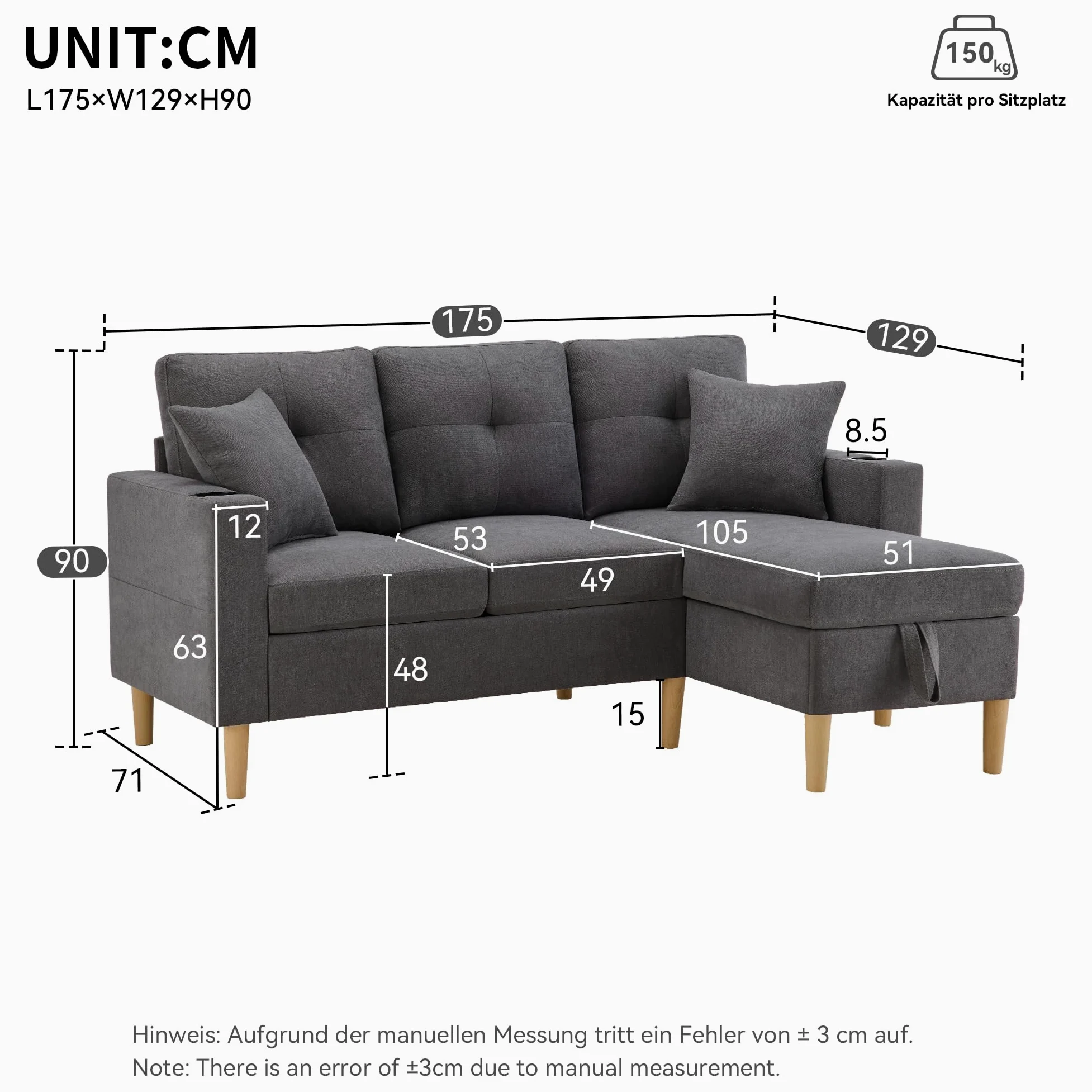 Divano Moderno a Forma di L, a 3 Posti, con Chaiselongue, Portabevande, Spazio per Riporre, Include 2 Cuscini, per Soggiorno, Ufficio, Appartamento (Grigio Scuro)