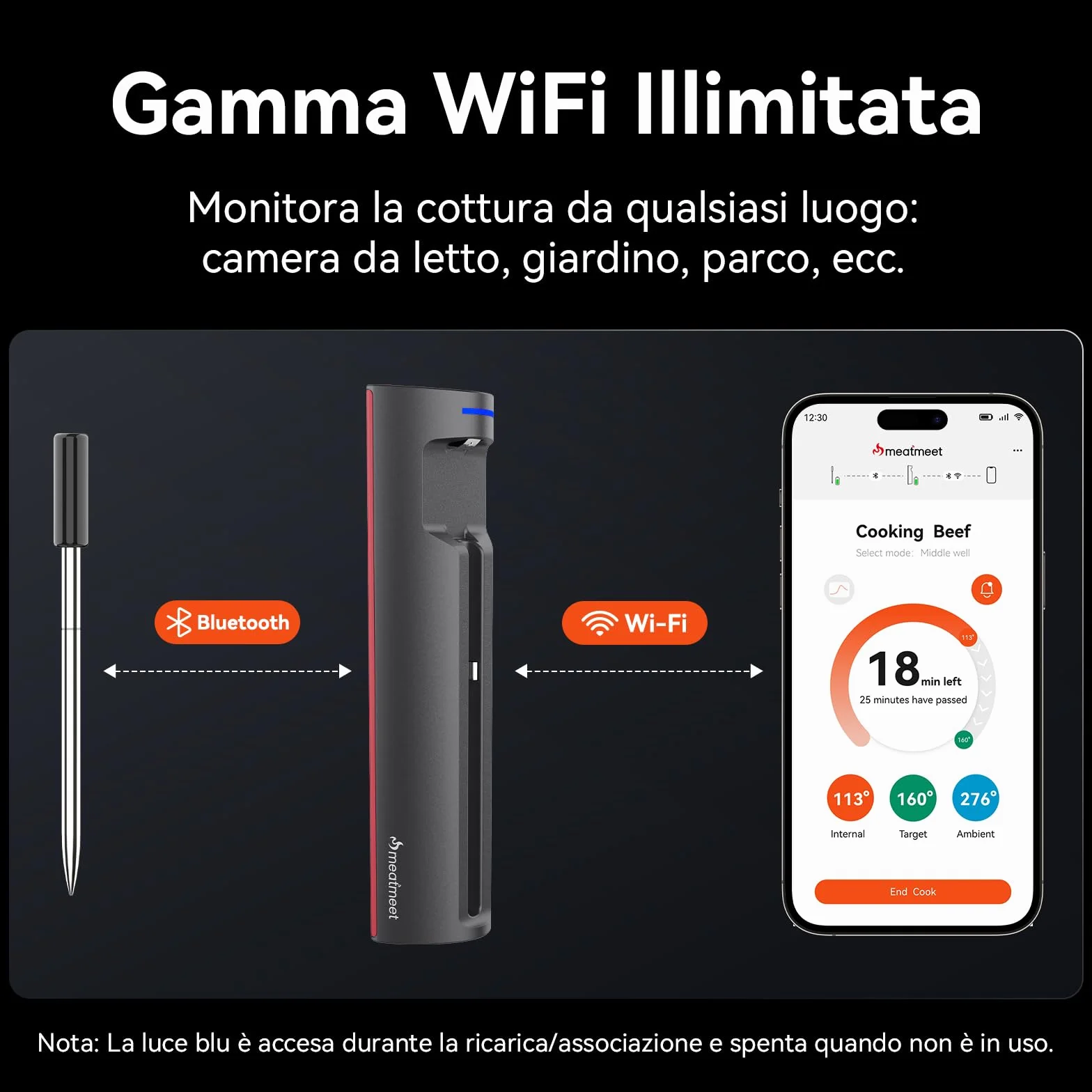Termómetro para Carne WiFi Bluetooth IP67, Monitoraggio App Timer Allarme, Wireless per Barbecue Forno Griglia