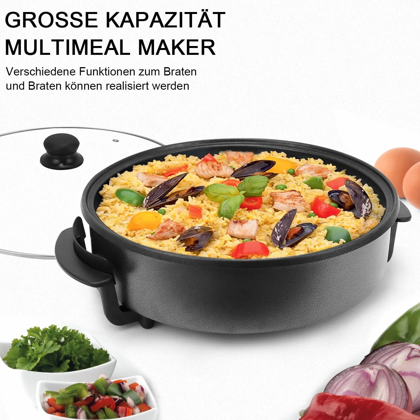 Padella Elettrica Multipadella, Ø 42 x 9 cm, 1500 W, Pizza & Feste, Multifunzione, Controllo Termico Regolabile, Acciaio Inossidabile, Moderno