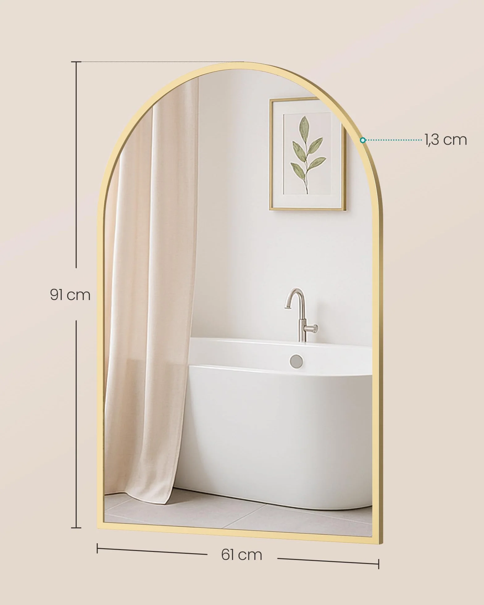 SONGMICS Specchio Bagno, Specchio da Parete, ad Arco, Cornice in Alluminio, 91 x 61 cm, Pellicola di Sicurezza, Facile da Montare, Soggiorno Camera da Letto, Oro Pallido LWM011AB01