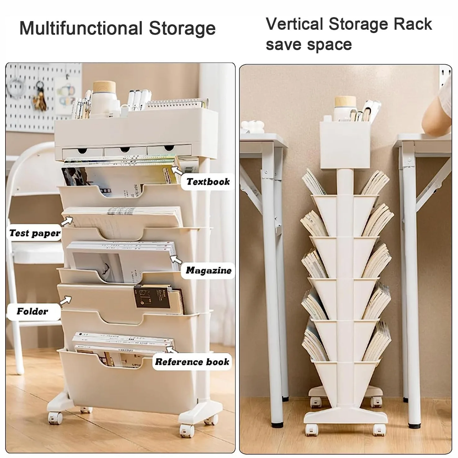 Scaffale Mobile a 6 Livelli con 3 Cassetti, Carrello Portadocumenti per Biblioteca, Scaffale Mobile per Libri sulla Scrivania Dell'aula, Classificatore da Ufficio con Rotelle Bloccabili