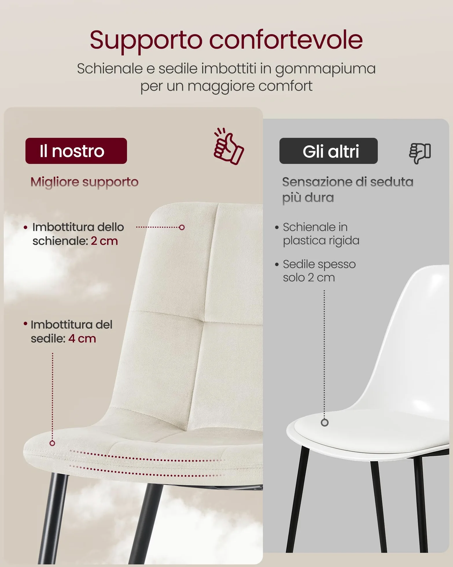 VASAGLE Sedie da Pranzo in Velluto, Portata 120 kg Ciascuna, Sedie da Cucina Imbottite con Piedini Regolabili, Moderno, per Soggiorno, Set di 4, Beige Cappuccino KDC080LH01