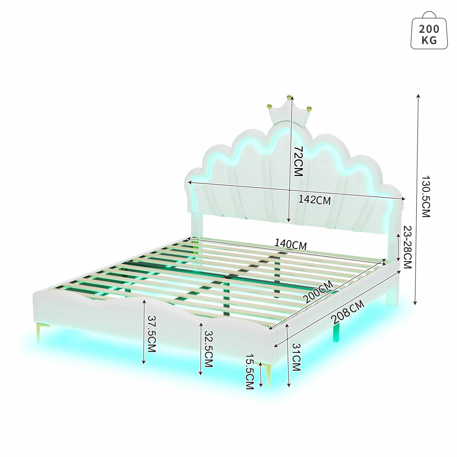 Letto per bambini imbottito 140x200 cm con LED, letto doppio per ragazza adolescente, testiera regolabile in altezza, design a forma di corona, rete a doghe, PU, senza materasso (bianco LED
