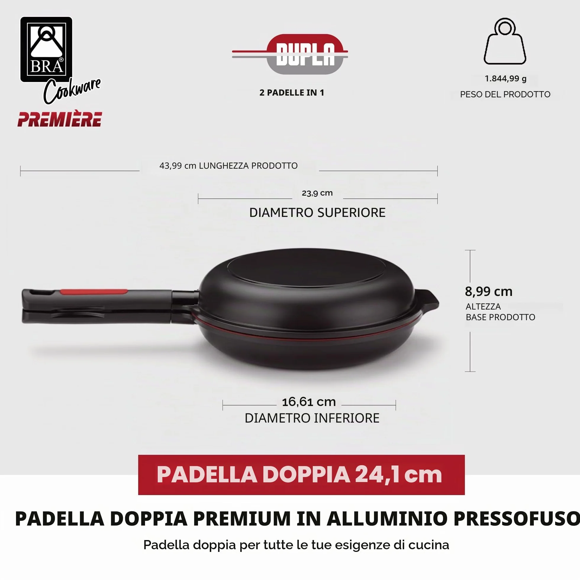 BRA Dupla Premiere Padella doppia per frittata in alluminio fuso 24 cm antiaderente a triplo strato senza PFOA