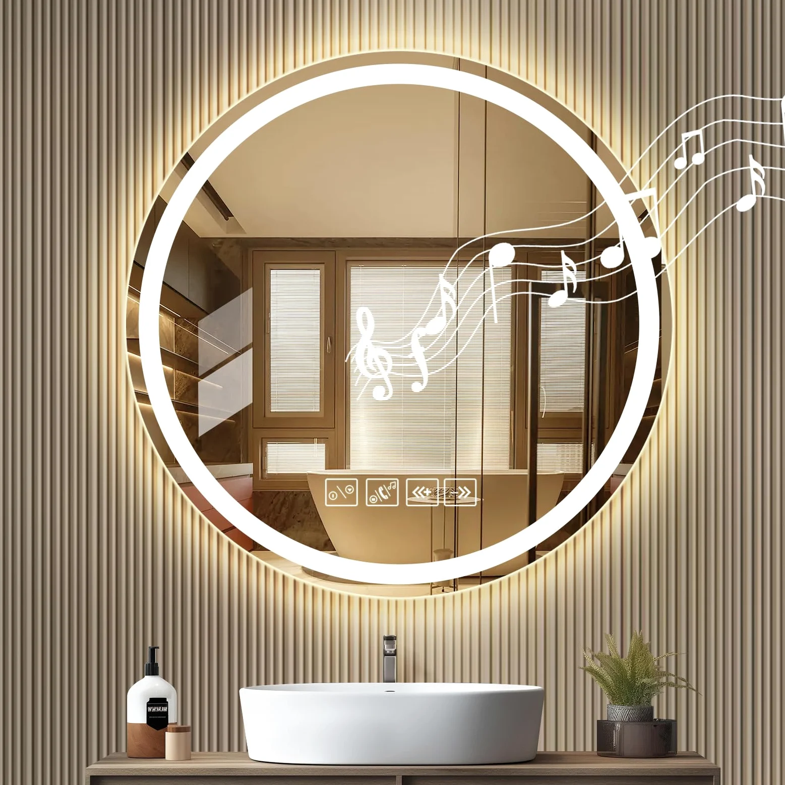 Specchio Bagno con Luce, Rotondo 60cm con Luce Regolabile, Bluetooth, Antiappannamento, Vetro Temperato HD – Funzione Memoria e Riproduzione Musicale