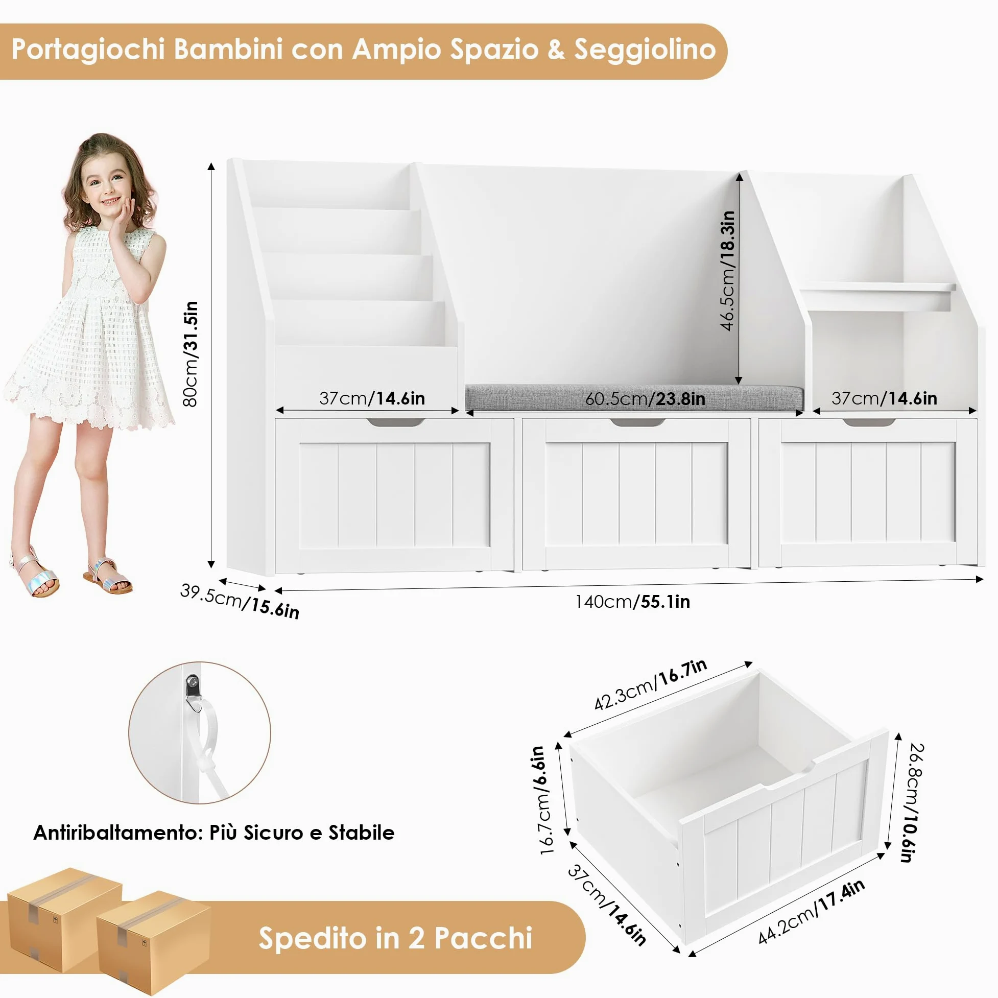 FOREHILL Libreria Montessoriana per Bambini, Porta Giochi Bambini con Cuscini, Libreria Panca a 4 Ripiani, Mobile Porta Giochi a 3 Cassetti con Ruote, per Cameretta, Studio, 140x39.5x80 cm (Bianco)