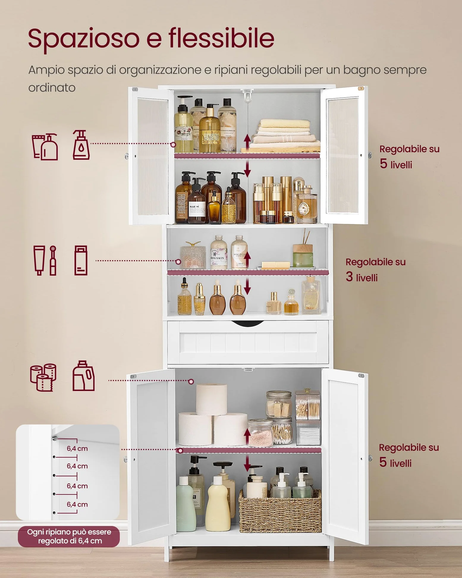 VASAGLE Mobiletto Contenitore, Armadietto da Bagno, con Ripiani Regolabili, Cassetto, Scomparti Aperti, per Bagno, Soggiorno, Sala da Pranzo, Bianco Nuvola BBC768W01