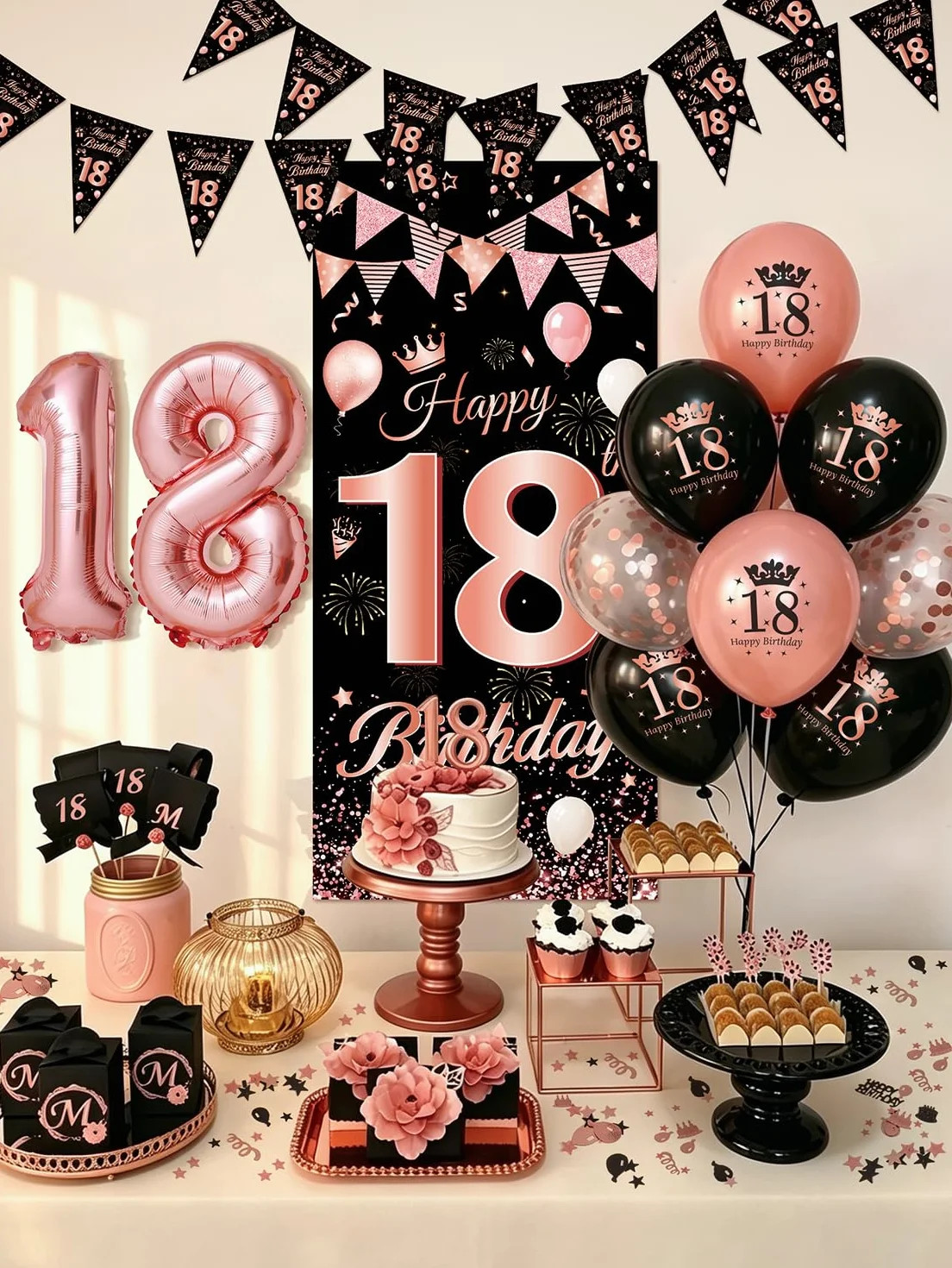 Palloncini 18 Anni Compleanno Ragazza, Compleanno 18 anni Decorazioni Oro Rosa e Nero, ghirlande Happy Birthday, Festone Buon Compleanno per Feste 18 Anni Ragazza