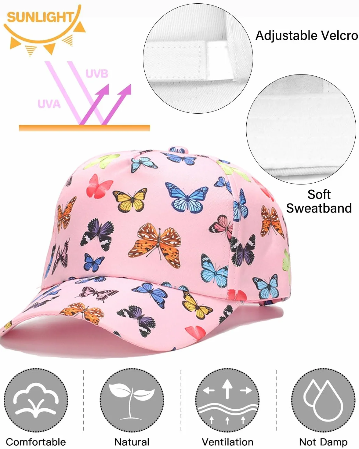 Cappello Baseball Bambino con Visiera Regolabile Protezione UV Rosa