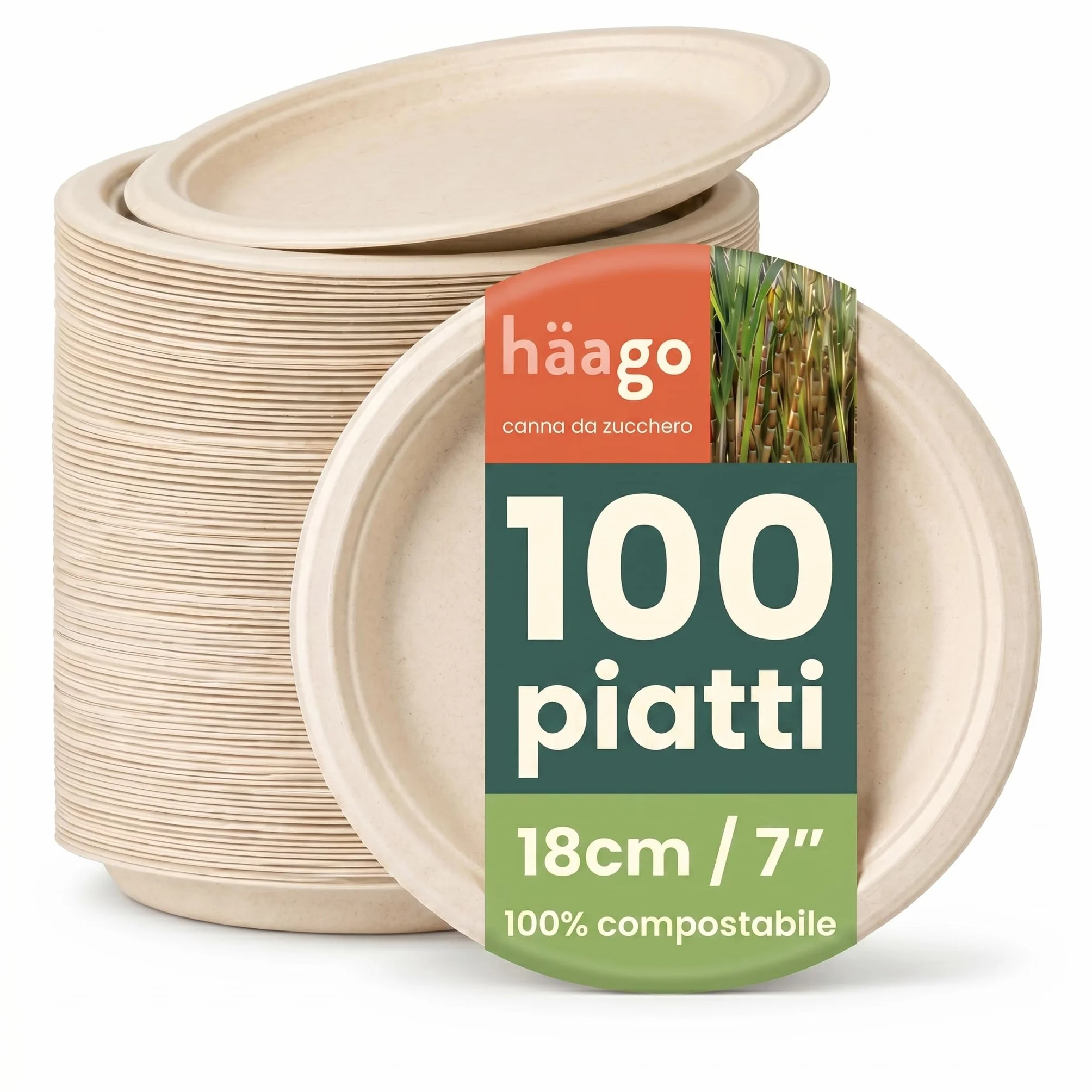 HAAGO Piatti Dessert Compostabili in Canna da Zucchero 18cm 7" Biodegradabili Monouso
