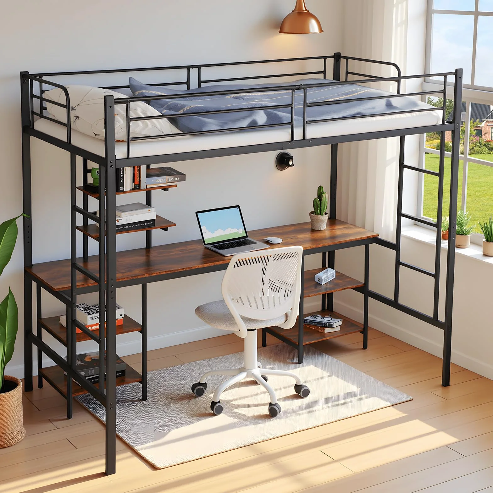 Letto a soppalco in metallo 90 x 200 cm, letto a soppalco con scrivania e librerie, Stile industriale, Letti per bambini, ragazzi e adulti, Nero