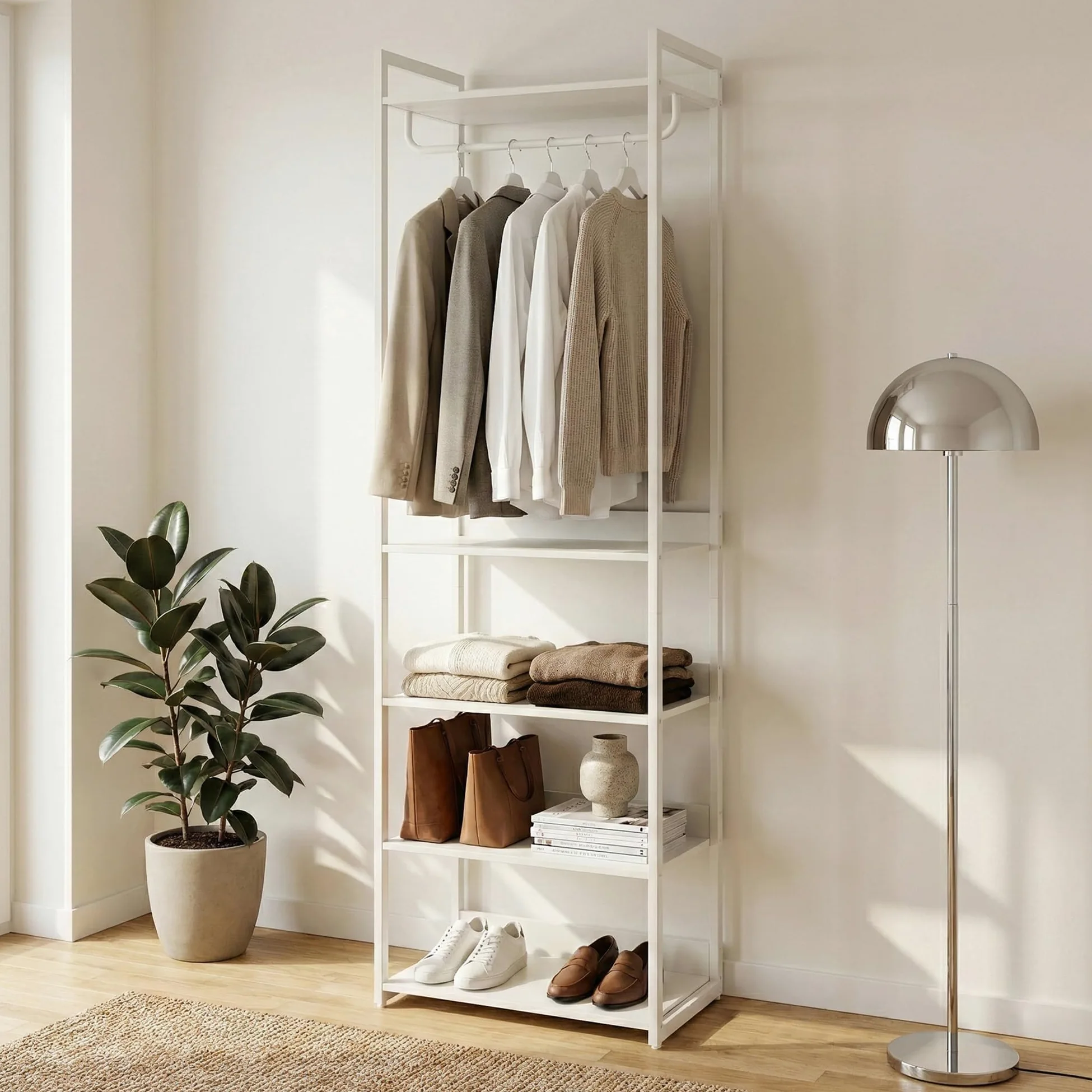 [en.casa] Stand Appendiabiti da Terra in Acciaio con 5 Ripiani Guardaroba Aperto con Vano Asta Portabiti Organizzatore per Ingresso Camera da Letto 200 x 61 x 40 cm - Grigio