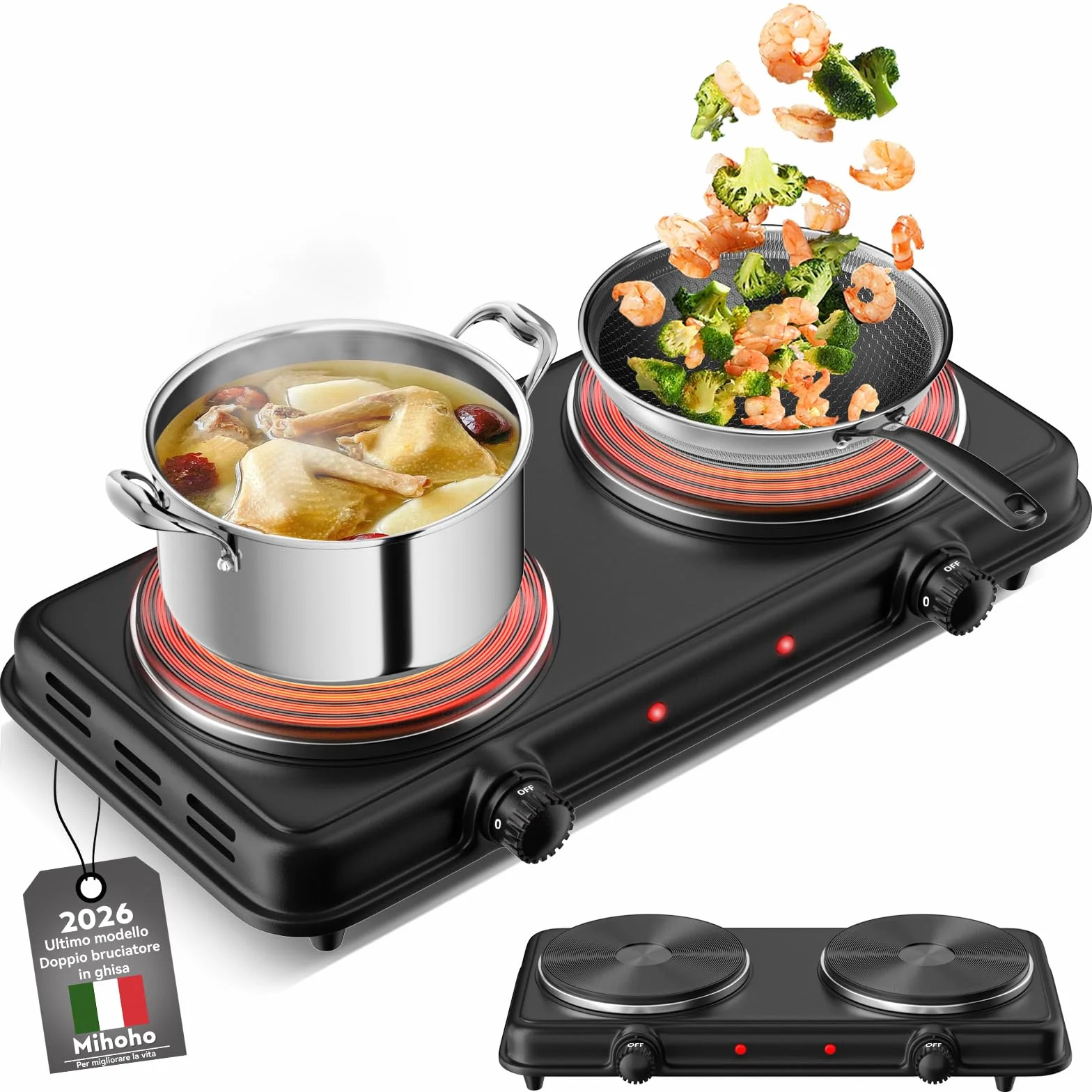 Fornello Elettrico 2 Piastre in Ghisa,doppio bruciatore elettrico da banco da 2000 W,controllo della temperatura,fornello da cucina portatile e base in acciaio inossidabile facile da pulire (nero A)