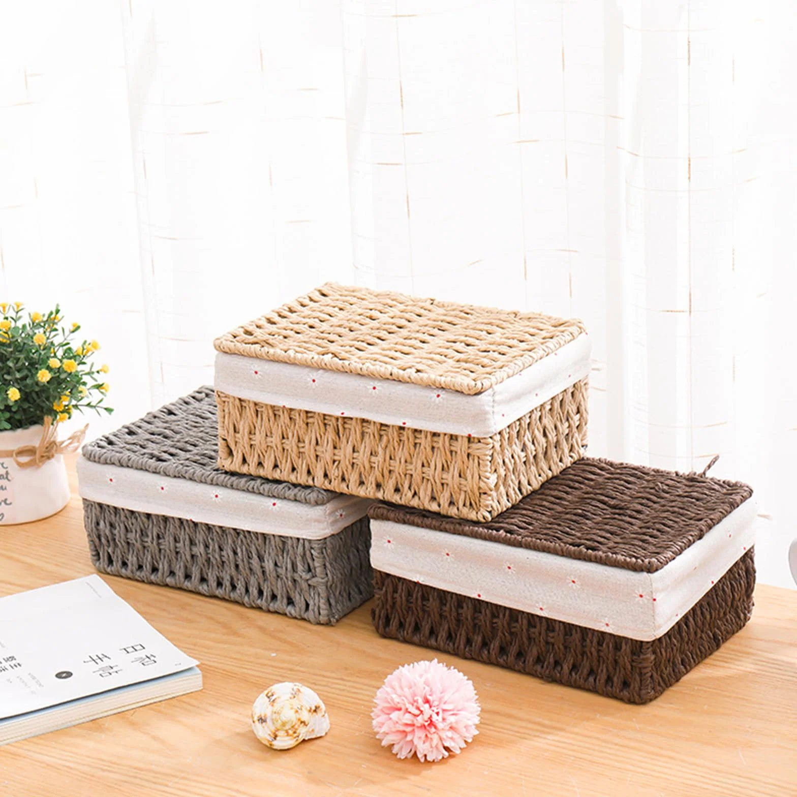 Cestini Portaoggetti Intrecciati a Mano con Coperchio - Corde di Carta Riciclata, Fodera Lavabile - Organizer Multifunzione per Bambini, Bagno, Cucina - Stile Boho Decor (Beige)
