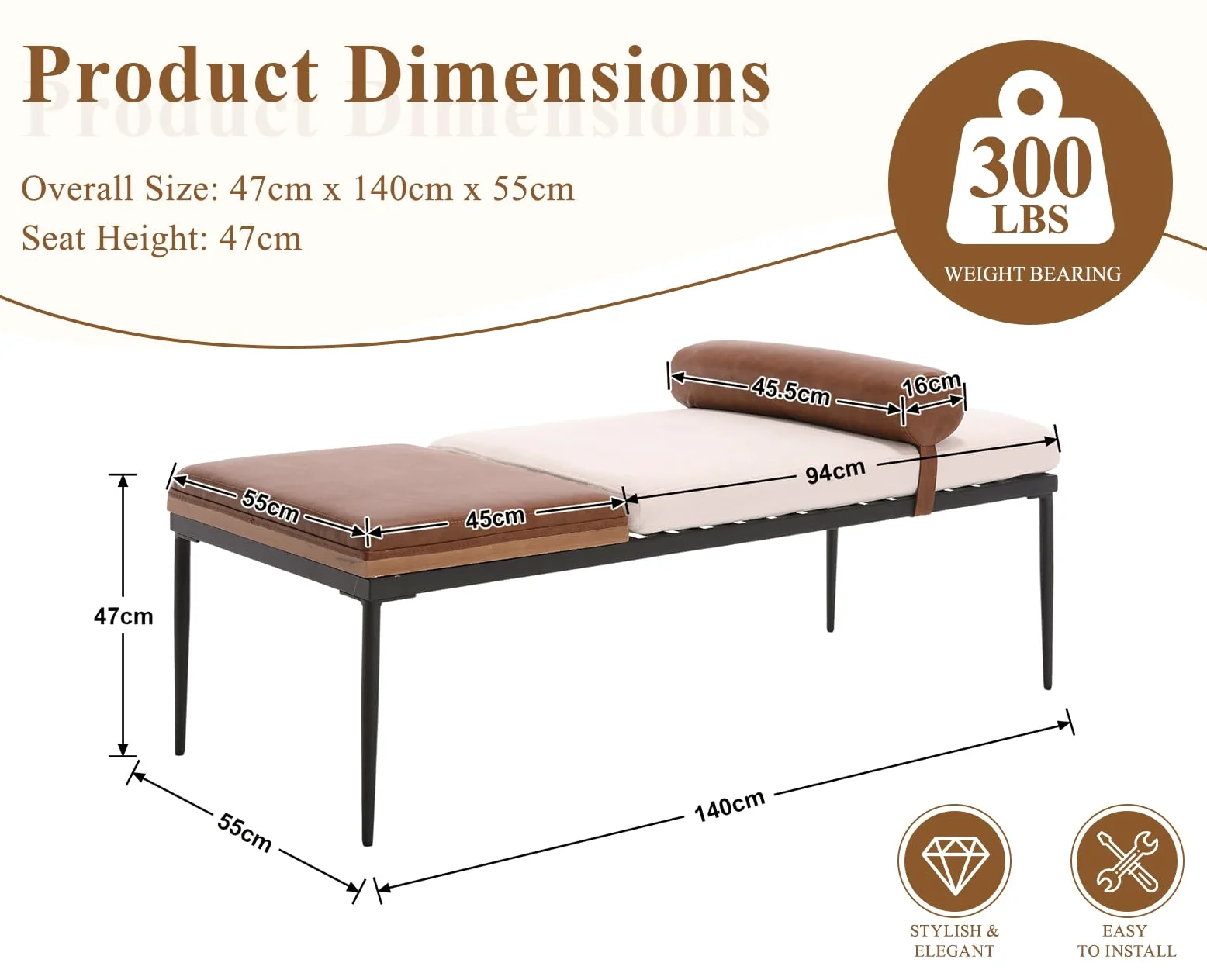 Ya-Home Panca Ingresso con Vassoio in Legno e Gambe in Metallo, Panca Camera da Letto in Pelle e Tessuto di Ciniglia 140x55x47 cm, Bianco