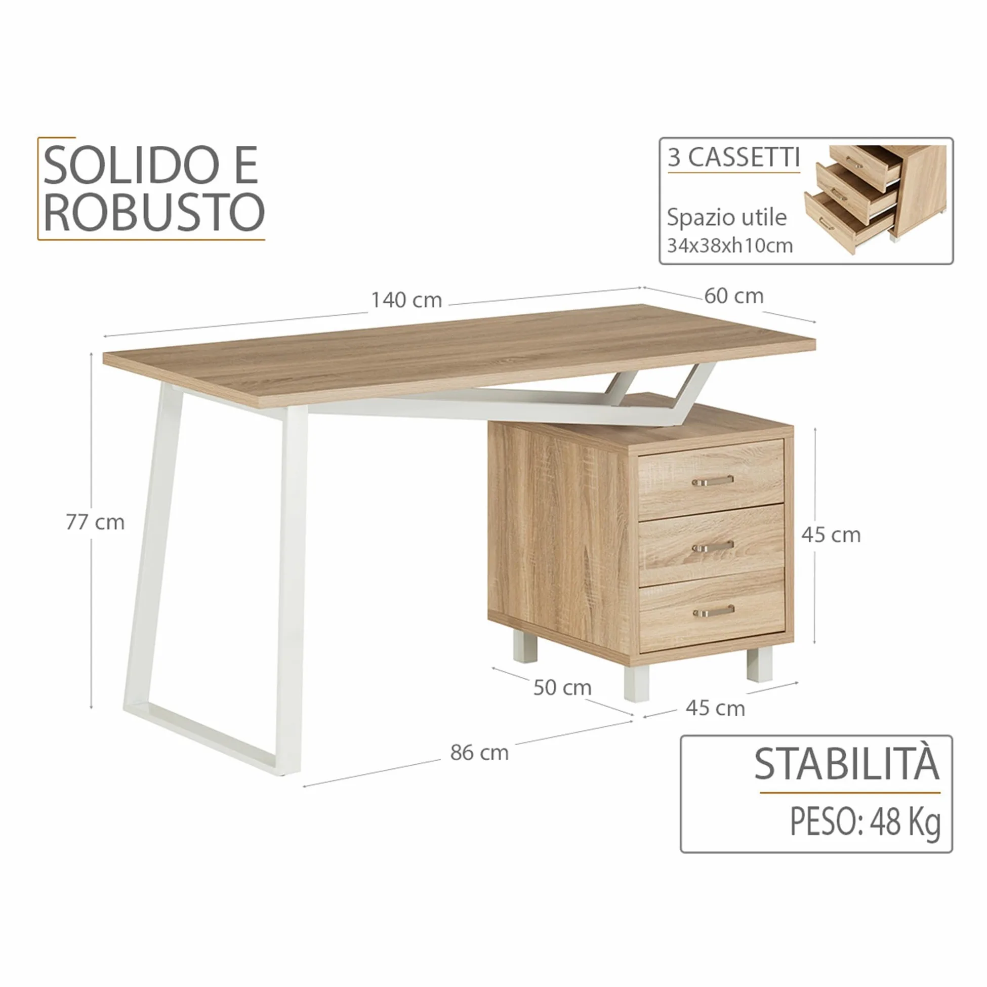 yelloo - Scrivania con Cassetti Salvaspazio, Scrivania Ufficio per Computer, Adatta per Cameretta, Scrivanie dal Design Moderno ed Elegante, Tavolo Ufficio Porta PC (Mod. ELEGANT Quercia)