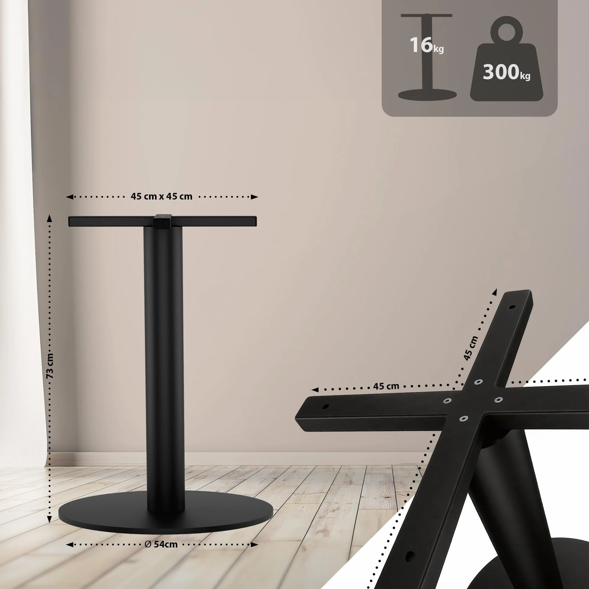 CLP Base del tavolo in metallo nero, gambe del tavolo Marudi in acciaio verniciato a polvere, robusta base del tavolo per interni ed esterni, Colore:nero, Forma:rotondo