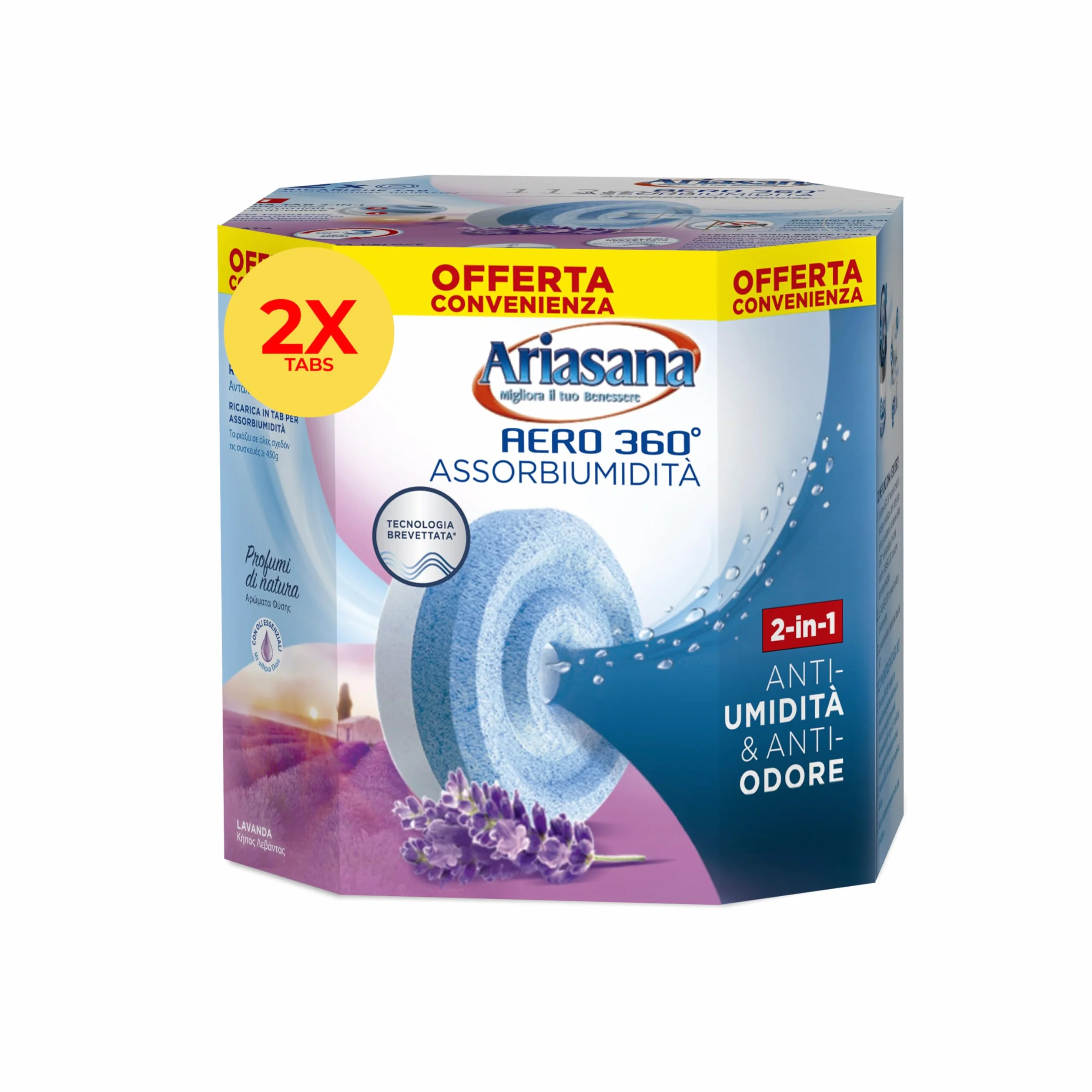 Ariasana Aero 360° Ricarica TAB Lavanda per dispositivo Aero 360° kit, assorbi umidità in Tab profumata rilassante, elimina i cattivi odori, aromaterapia, 2 TAB da 450g