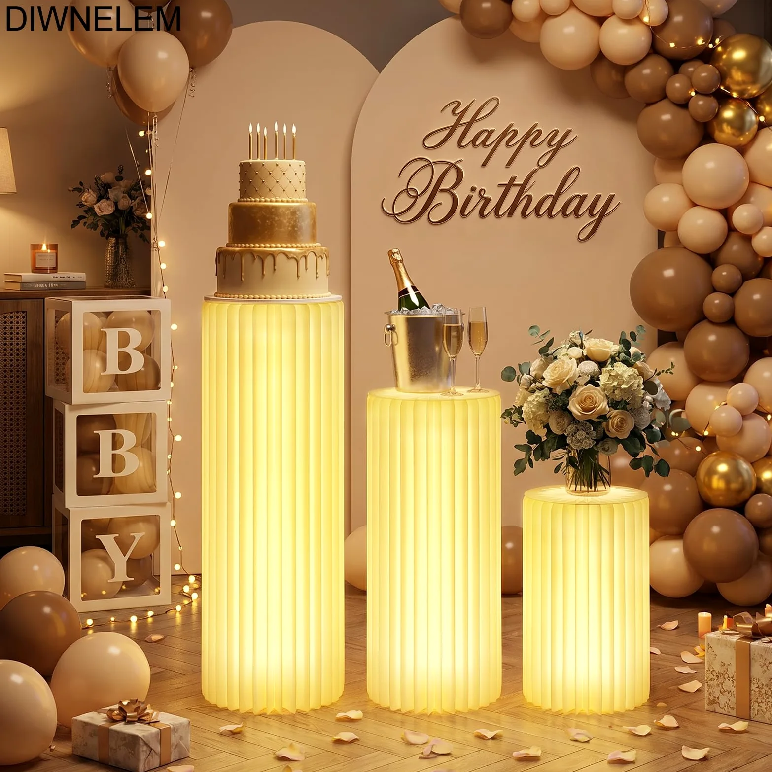 3 supporti cilindrici con luce per feste con piedistallo rotondo leggero supporto cilindrico piedistallo pieghevole in cartone colonne cilindriche tavoli per baby shower compleanno matrimonio