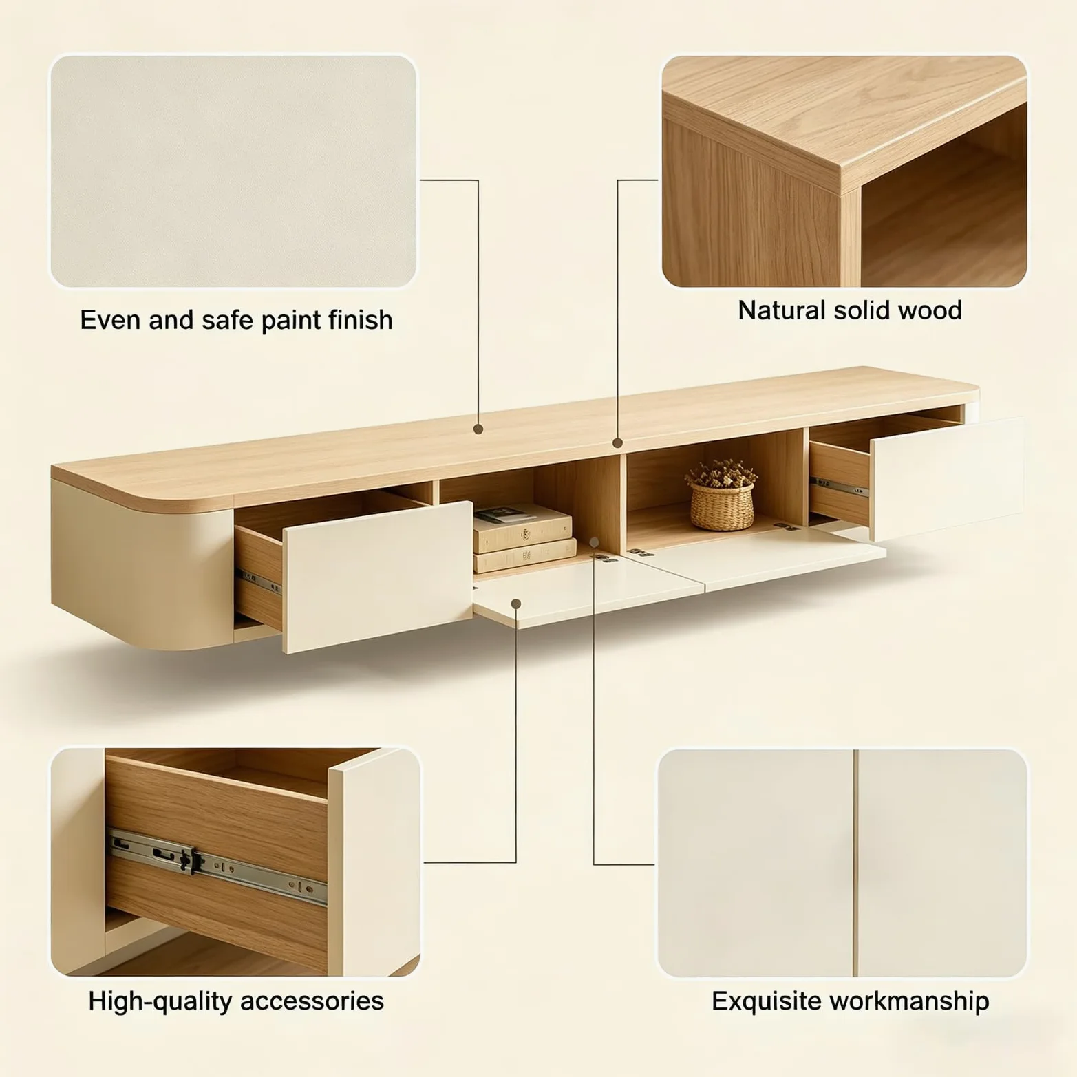 Mobile TV moderno 280 cm Beige e Bianco, Mobile TV basso con 2 cassetti e 2 ante a ribalta, Piano TV sospeso, Gestione dei cavi di alta qualità, Tavolo TV per soggiorno e sala da pranzo