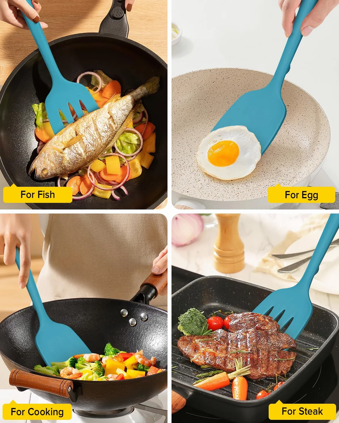Pacchetto di 2 spatole in silicone, set di spatole da cucina senza BPA, resistente al calore, design completo in silicone, adatto per pesce flettente, uova, bistecca, frittelle (blu)