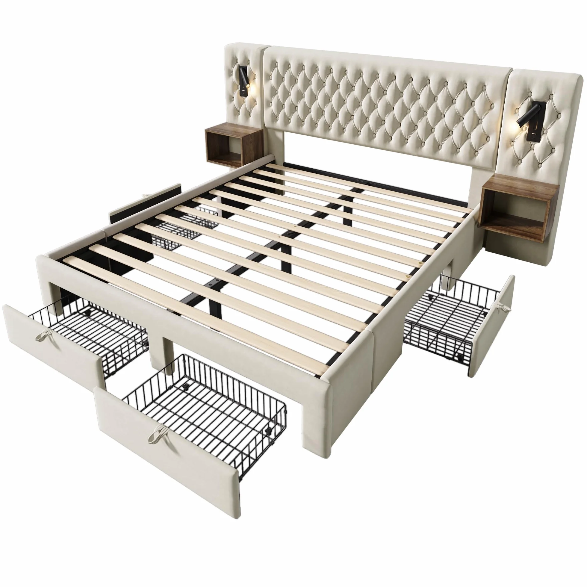 Idemon Set completo per camera da letto, letto matrimoniale, 160 x 200 cm, con 2 comodini e 4 cassetti, testiera con funzione di ricarica USB, 243 x 211 x 106 cm, velluto (senza materasso) (beige)