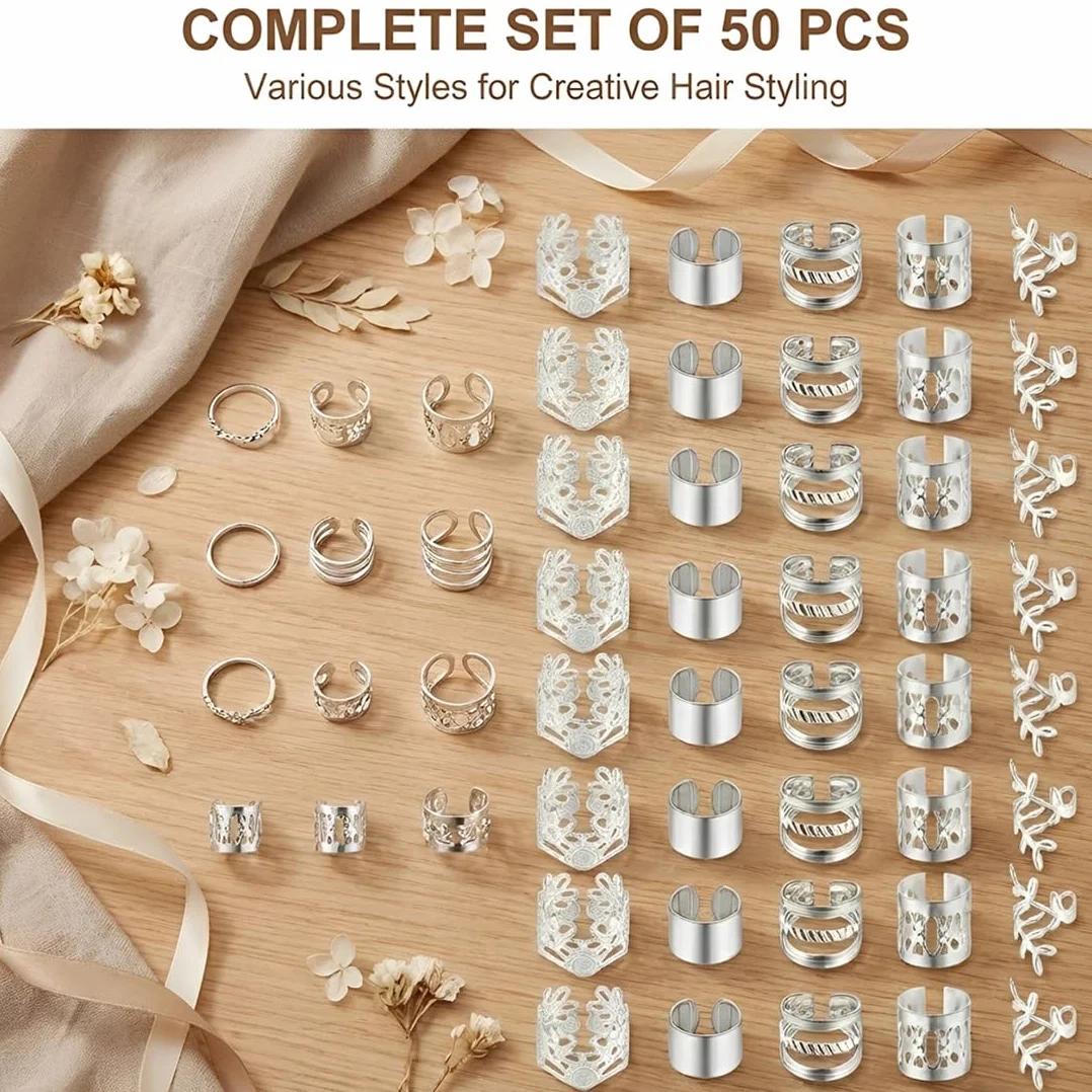 Accessori per Dreadlocks Regolabili 50 Pezzi, Spirali per Capelli, Clip per Locs, Decorazioni Argento