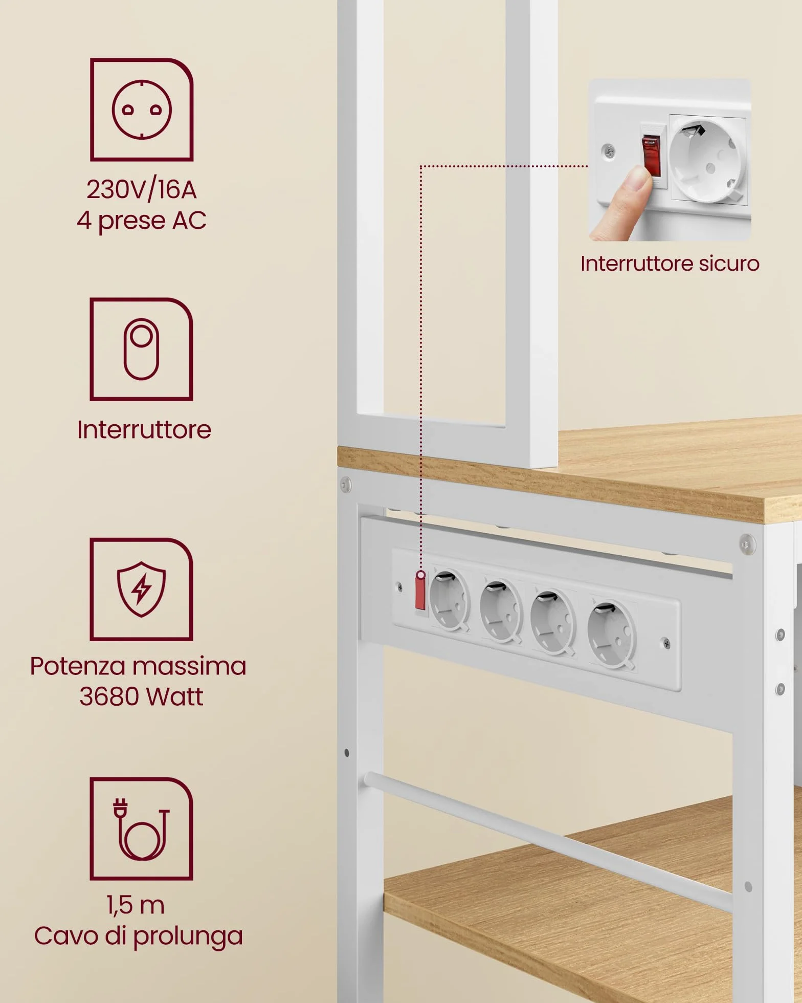 VASAGLE Scaffale Cucina con Multipresa, Mobile Cucina 40x80x180,4 cm, Ripiani Regolabili, Rovere Dorato e Bianco Nuvola