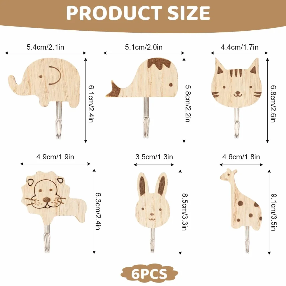 Ganci Appendiabiti da Parete Adesivi Legno Animali, Set 6 Pezzi per Bagno Cucina Camera Bambini
