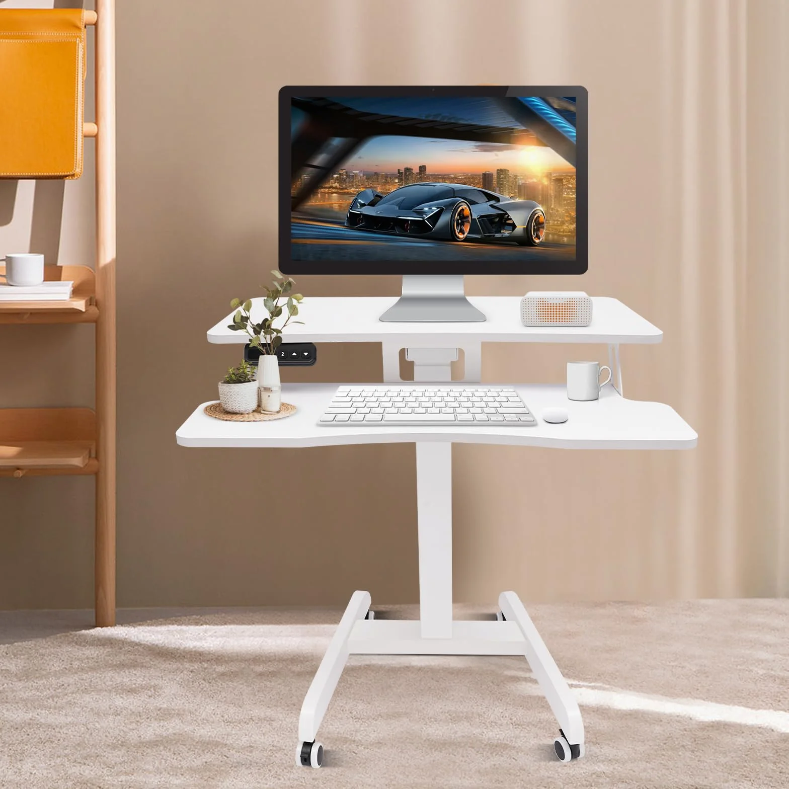 Scrivania elettrica a 2 Livelli con Altezza di rotolamento Regolabile, scrivania Mobile in Piedi, postazione di Lavoro Sit-Stand per Home Office, Bianca