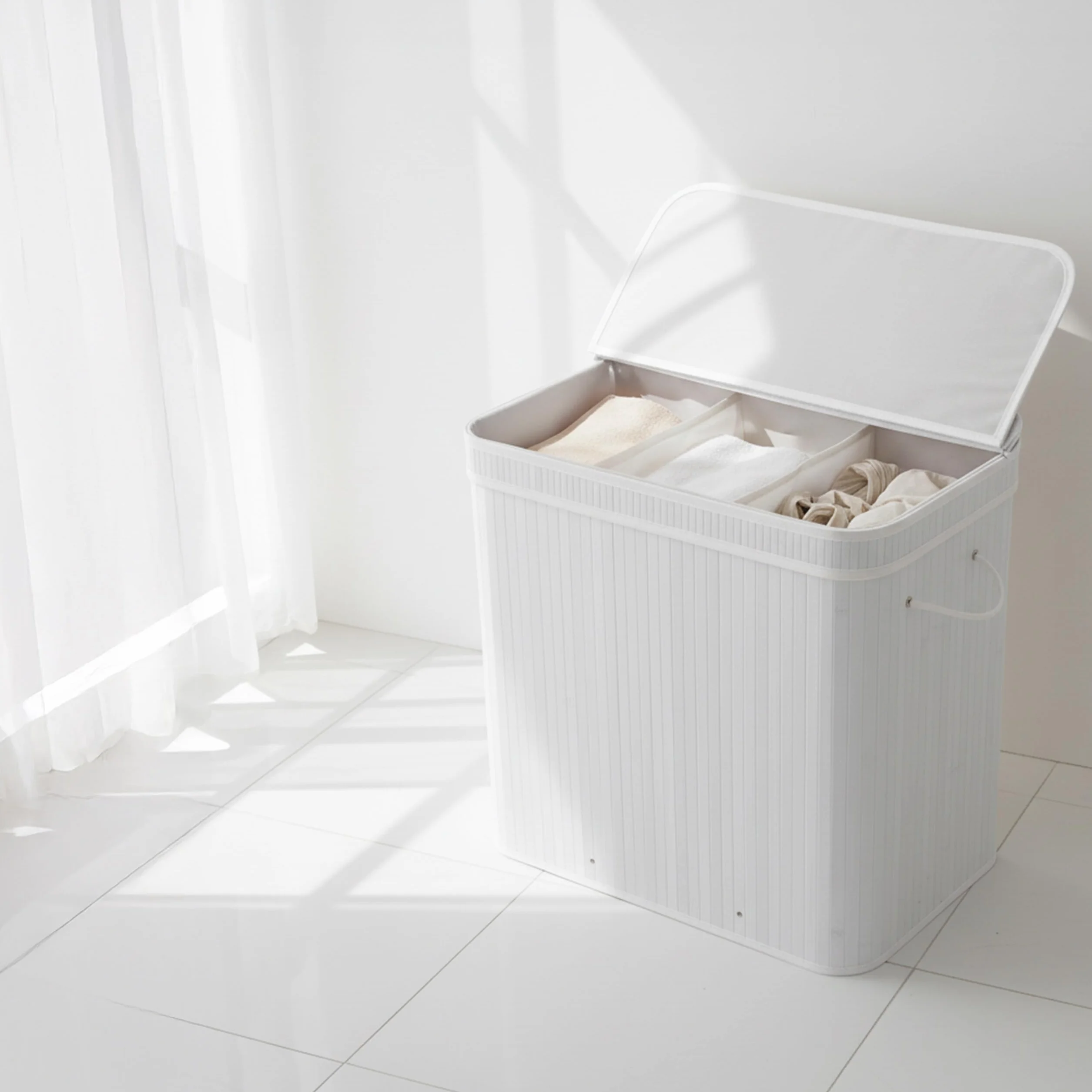 Relaxdays Cesto portabiancheria con Coperchio, bambù, 150 l, 3 Scomparti, HxLxP: 61,5x61x41,5 cm, Bagno, Bianco