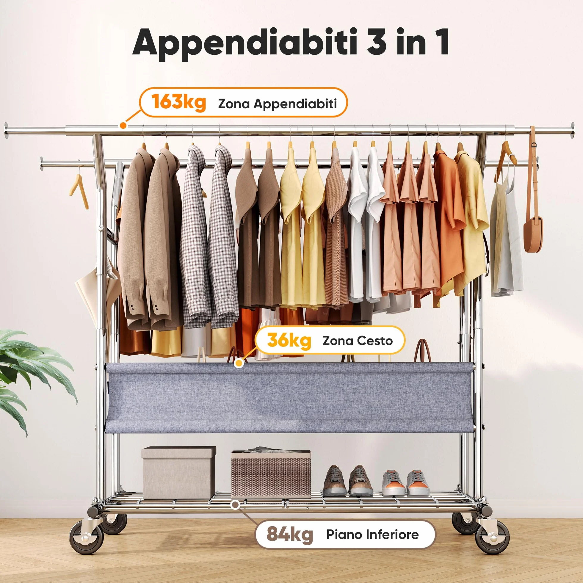 HOKEEPER Appendiabiti da Terra Resistente a Doppia Barra con Ruote, 283kg, con Cesta in Tessuto e Ripiano, Estensibile - Ideale per Camera da Letto, Boutique