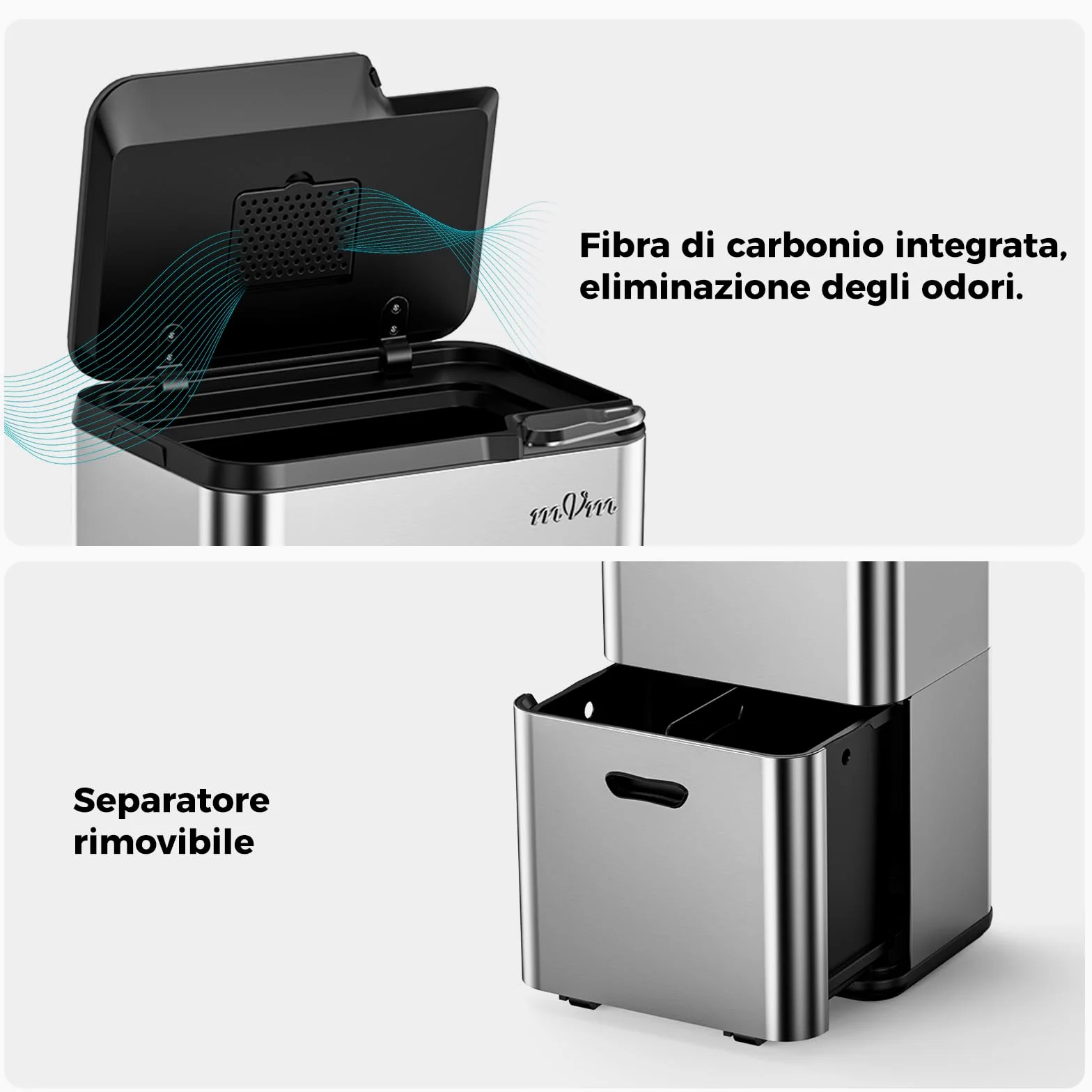 mVm Cestino da Cucina, 63L Pattumiera Tripla per Riciclaggio a Pedale, Pedali e Secchi Interni, Pattumiera Differenziata, Cestino Triplo in Acciaio, Grigio