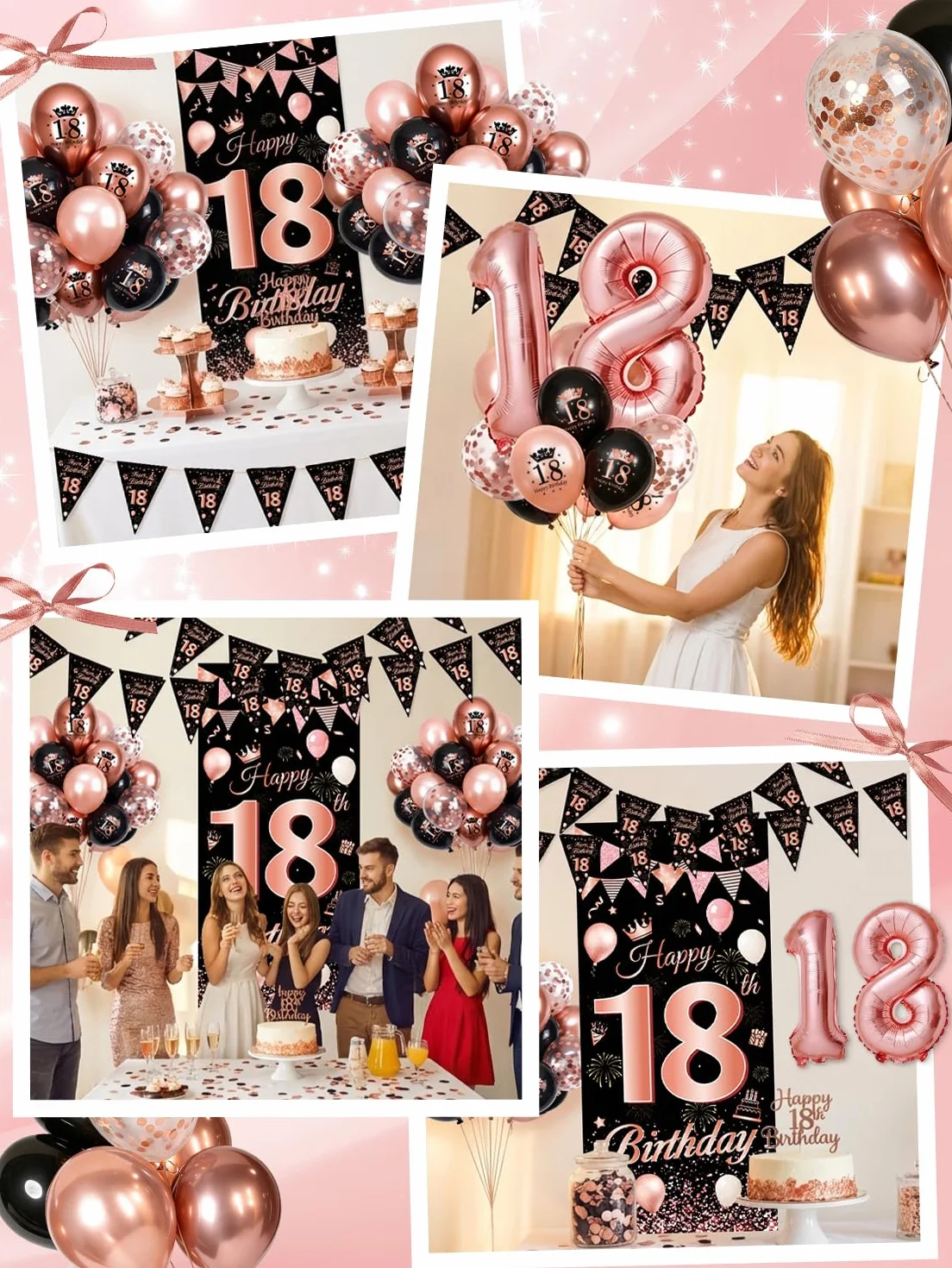 Palloncini 18 Anni Compleanno Ragazza, Compleanno 18 anni Decorazioni Oro Rosa e Nero, ghirlande Happy Birthday, Festone Buon Compleanno per Feste 18 Anni Ragazza