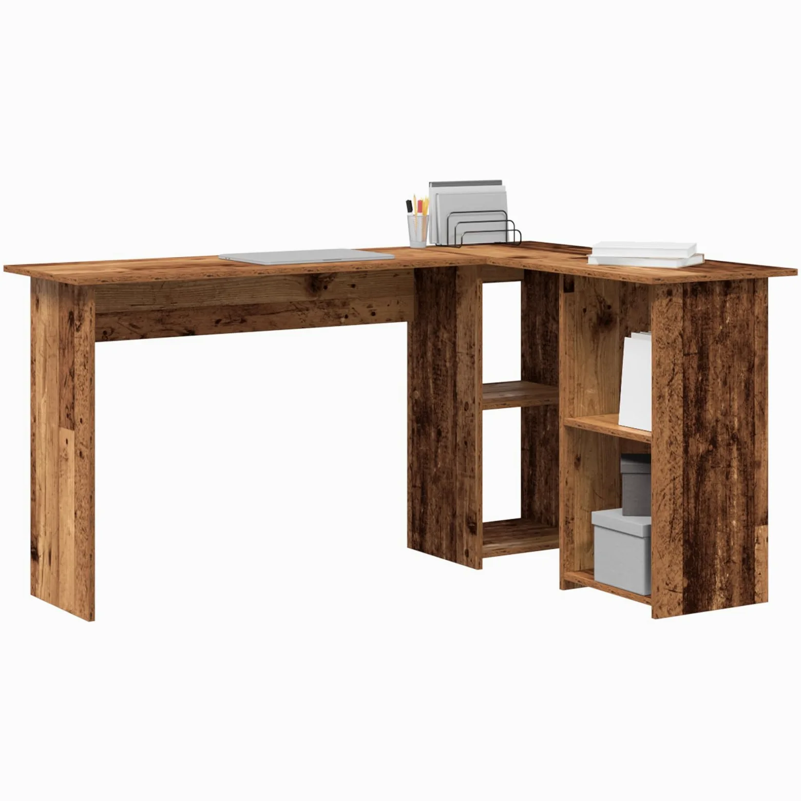 Scrivania per computer a forma di L con effetto legno antico e 3 ripiani integrati, scrivania per casa e ufficio, 120 cm x 75 cm, in robusto legno, postazione di lavoro ergonomica