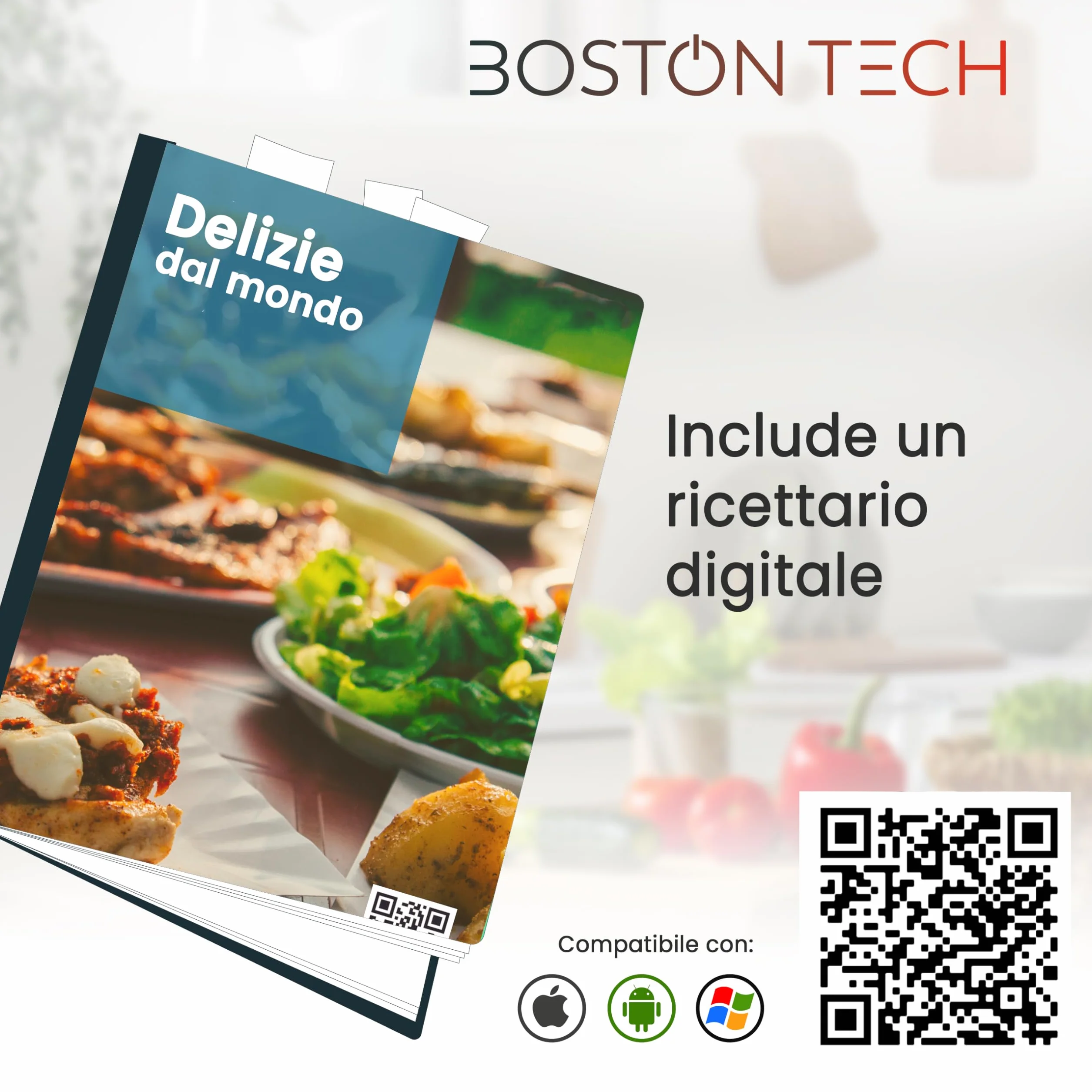 Boston Tech Bilancia Cucina Digitale con Ciotola Rimovibile in Acciaio Inox, Bilancia da Cucina 5 kg/1 g, Display LCD Retroilluminato, Funzione Tara, Batterie Incluse e Ricettario QR