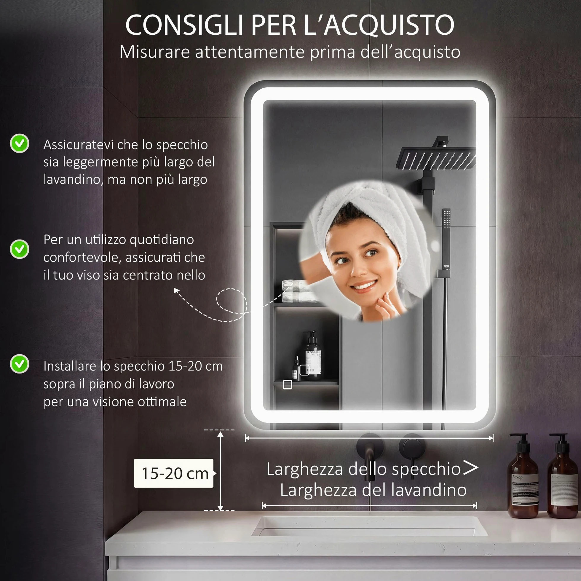 HOMCOM Specchio Bagno con Luce LED 70x100cm, Specchio da Parete con 3 Colori Dimmerabile, Funzione Memoria, Antiappannamento, Interruttori Touch, in Vetro Temperato, IP44, Orizzontale/Verticale