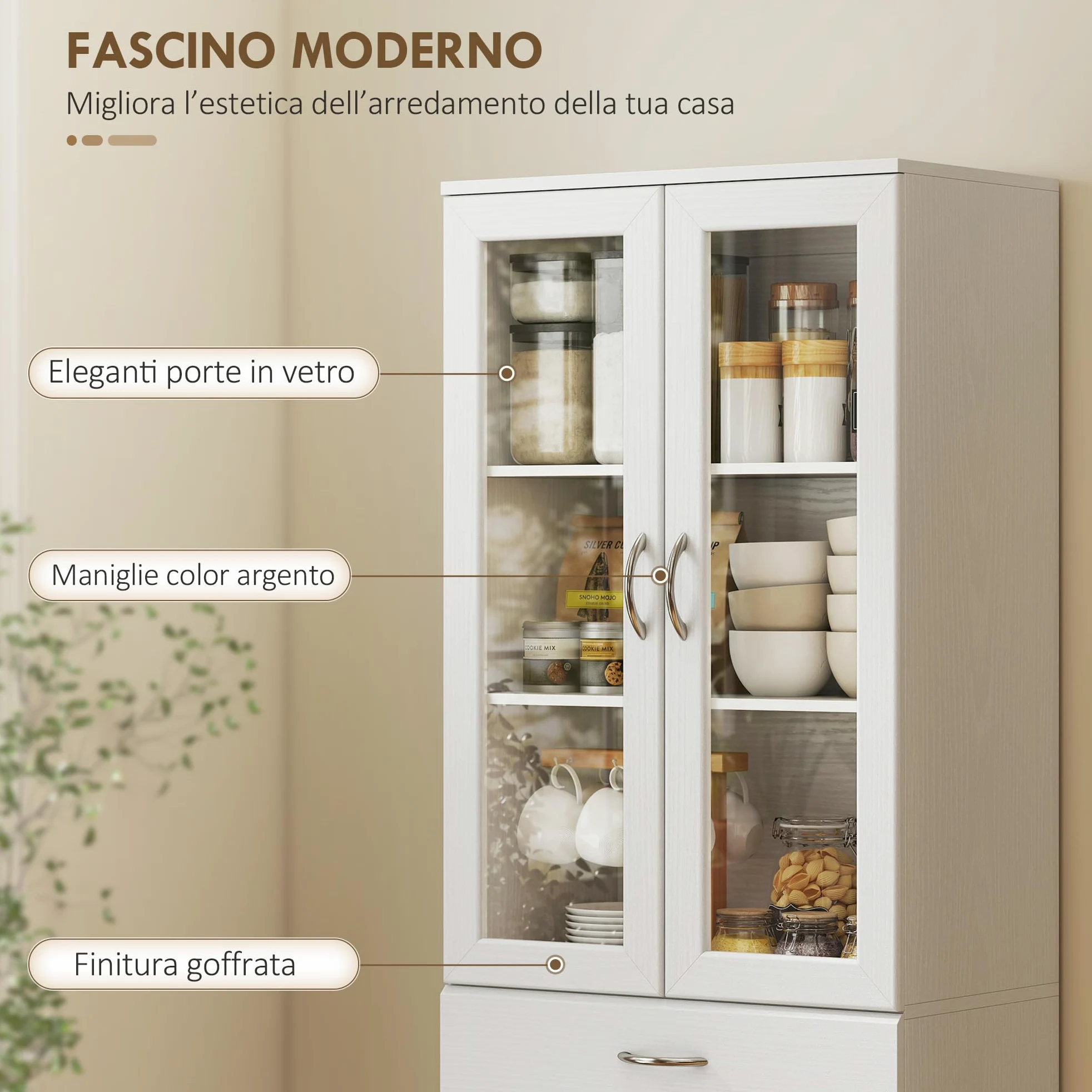 HOMCOM Credenza Cucina Alta 180cm, Mobile Dispensa con Ante in Vetro Soft-Close, Cassetto, 2 Armadietti, Ripiani Regolabili, Mobile Cucina Moderno per Sala da Pranzo Soggiorno, Bianco