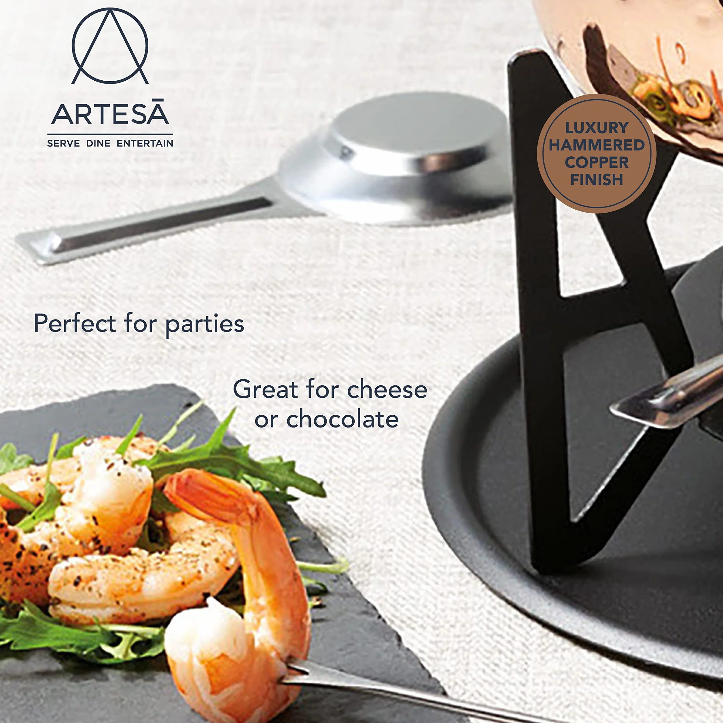 Artesà Set Fonduta Acciaio Inox Ciotola Ceramica Supporto Metallo Bruciatore Doppio Combustibile Cioccolato Formaggio Carne
